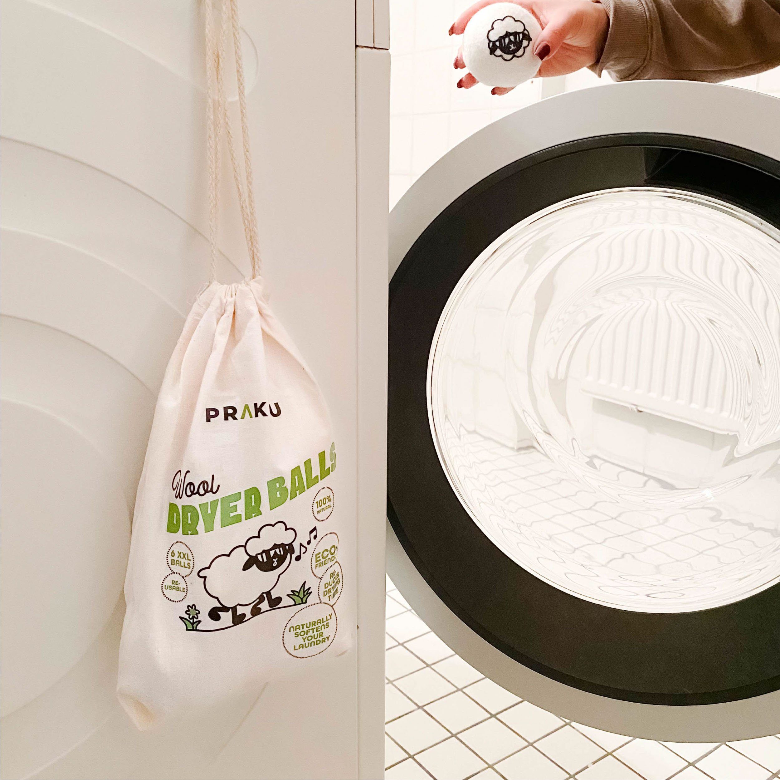 Praknu Trocknerball Trocknerbälle für Wäschetrockner 6er Set (Set, 6-St., 6 Bälle inkl. Jute Beutel für platzsparende Aufbewahrung), Öko Schafwolle aus Neuseeland - Verkürzt Trocknungszeit - Energiesparend