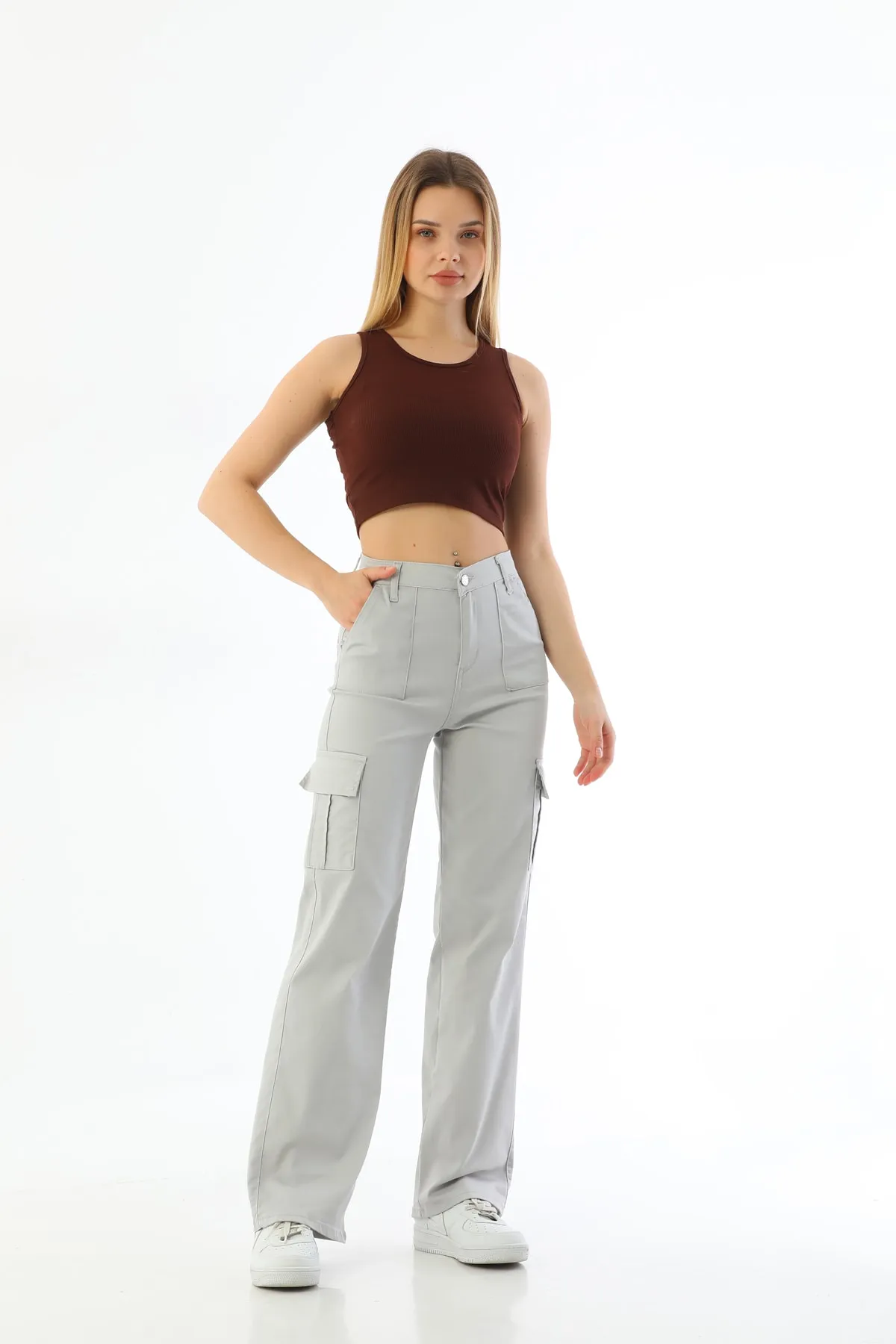 BİKELİFE  Steingraue Cargo-Tasche aus Lycra mit hoher Taille und weitem Bein