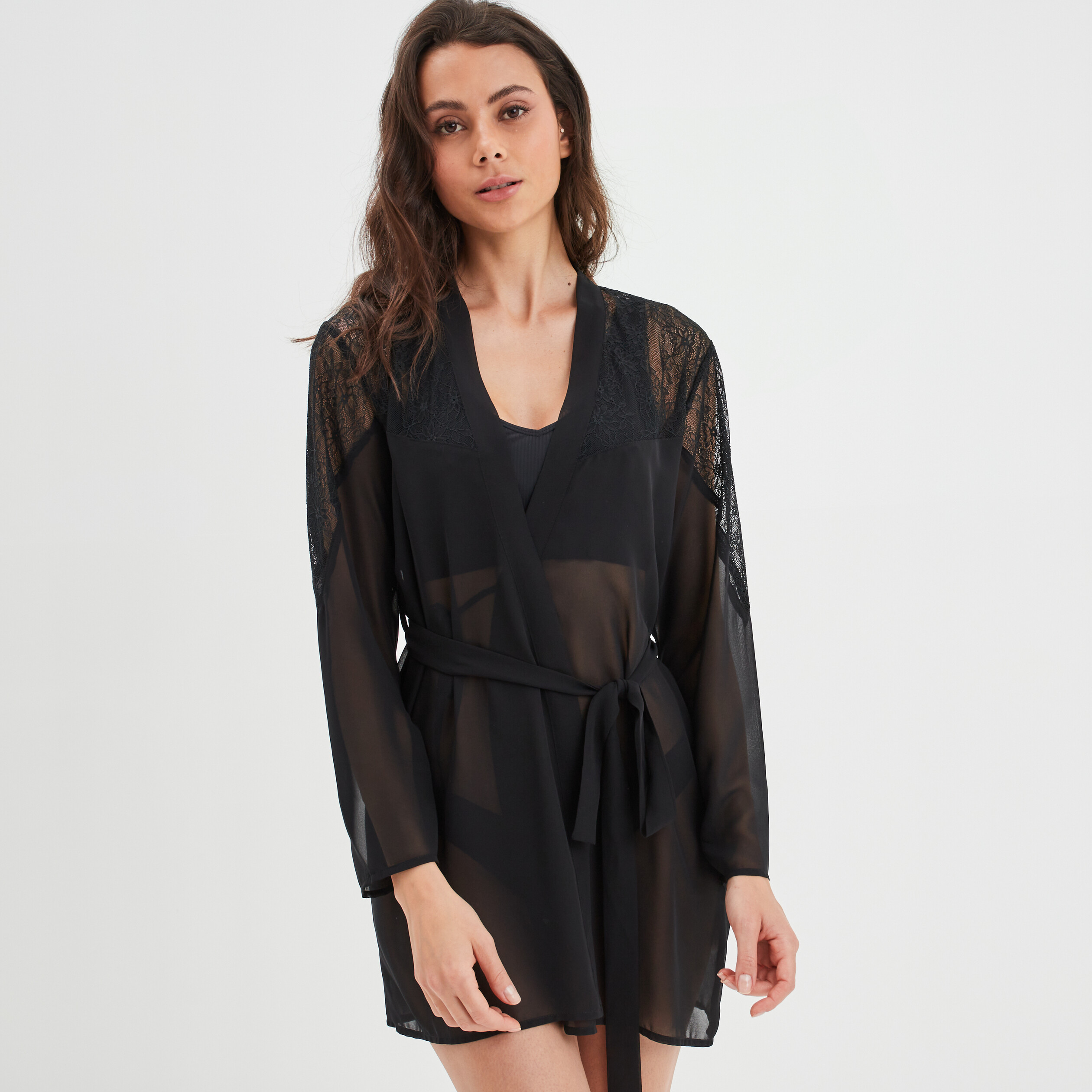 Déshabillé satin et dentelle noir femme | La Halle