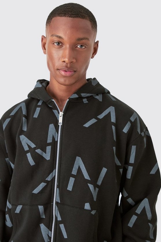 Kurzer kastiger Man Hoodie-Trainingsanzug mit Print und Reißverschluss
