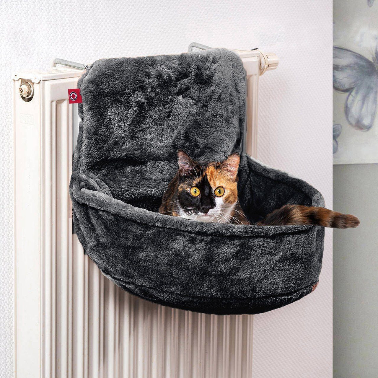 Canadian Cat Company Katzen-Hängematte Kuschelsack - Kuschelbett für die Heizung, verstellbar - Anthrazit, Plüsch, Mit Haken zum Einhängen an Heizungen mit einer dicke von 10 - 12cm