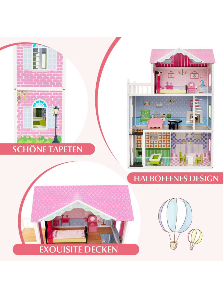 COSTWAY Puppenhaus ab 3 Jahren in Rosa günstig kaufen onesize