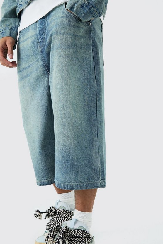 Lange Jeansshorts in antikblauer Waschung