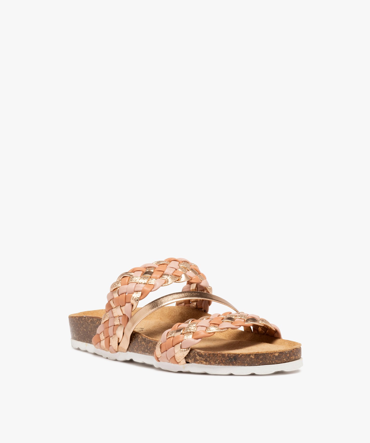 Mules femme plates à brides larges tressées fantaisie rose | GEMO