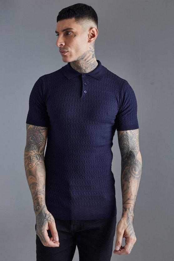 Tall Muscle-Fit Zopfmuster-Poloshirt mit kurzen Ärmeln