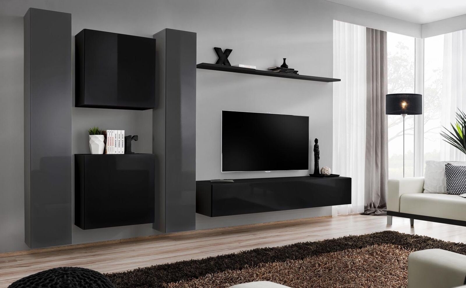 JVmoebel Wohnzimmer-Set Designer Schwarz Wohnzimmermöbel Neu Wohnwand TV-Ständer, (7-St., 1x Wohnwand + 1x TV Ständer + 4x Wandschrank + 1x Wandregal), Made in Europa