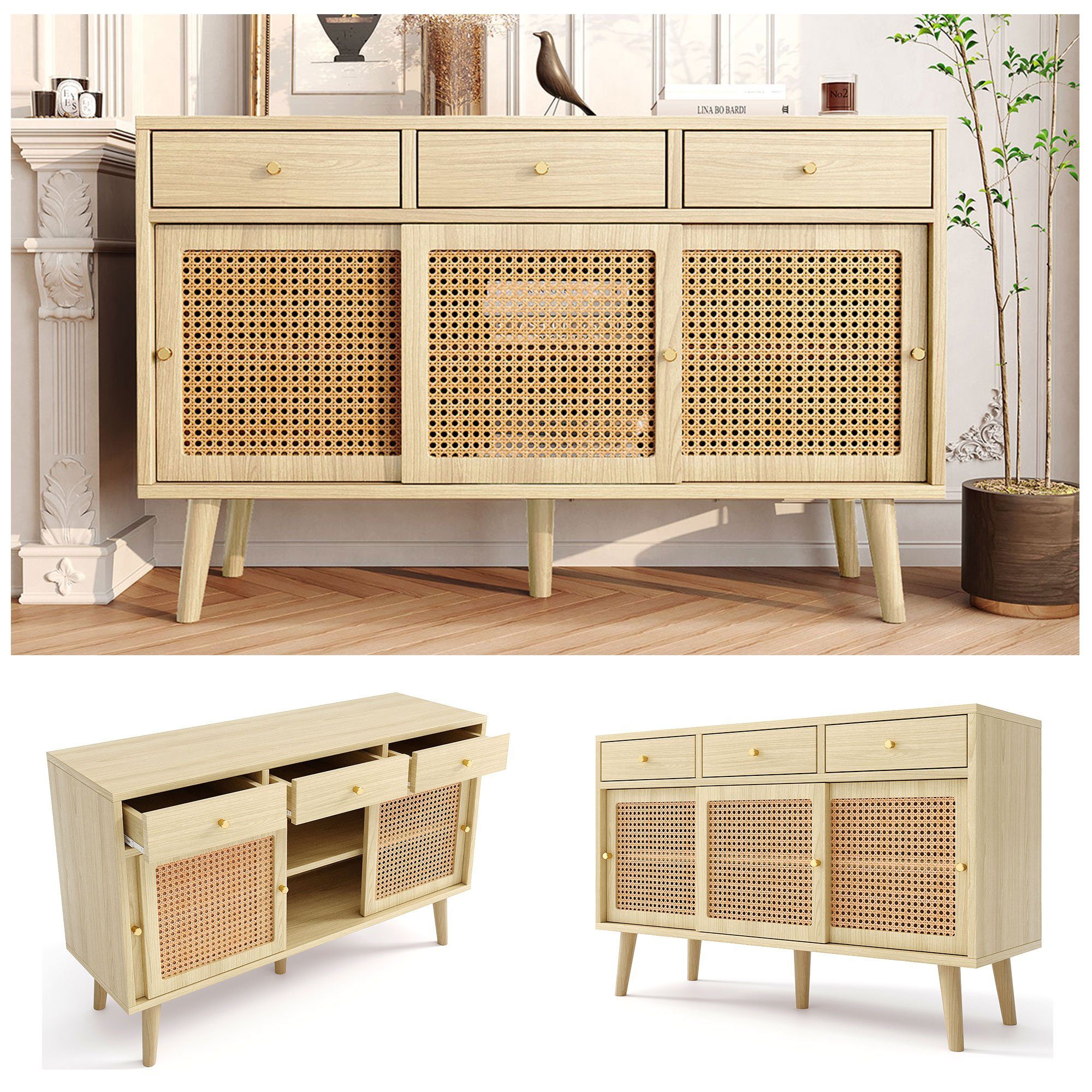 REDOM Sideboard Kommode (verstellbare Ablagen), mit 3 Schubladen und 3 Schiebetüren, 120x 40x78cm