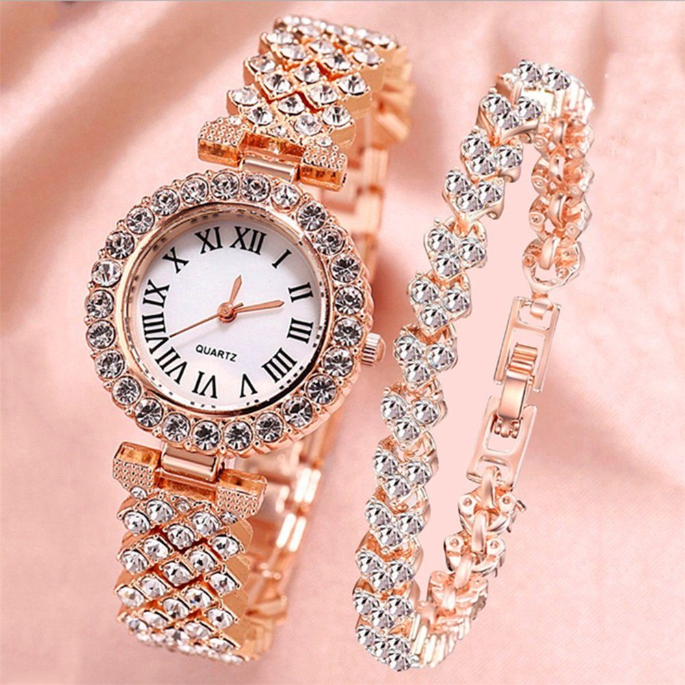 Rutaqian Quarzuhr Quarzuhr Damen Armbanduhr Set Strasssteine Uhr Geschenke Für Frauen, (set, mit Armband, mit Schmuckarmband), mit einem Strassarmband