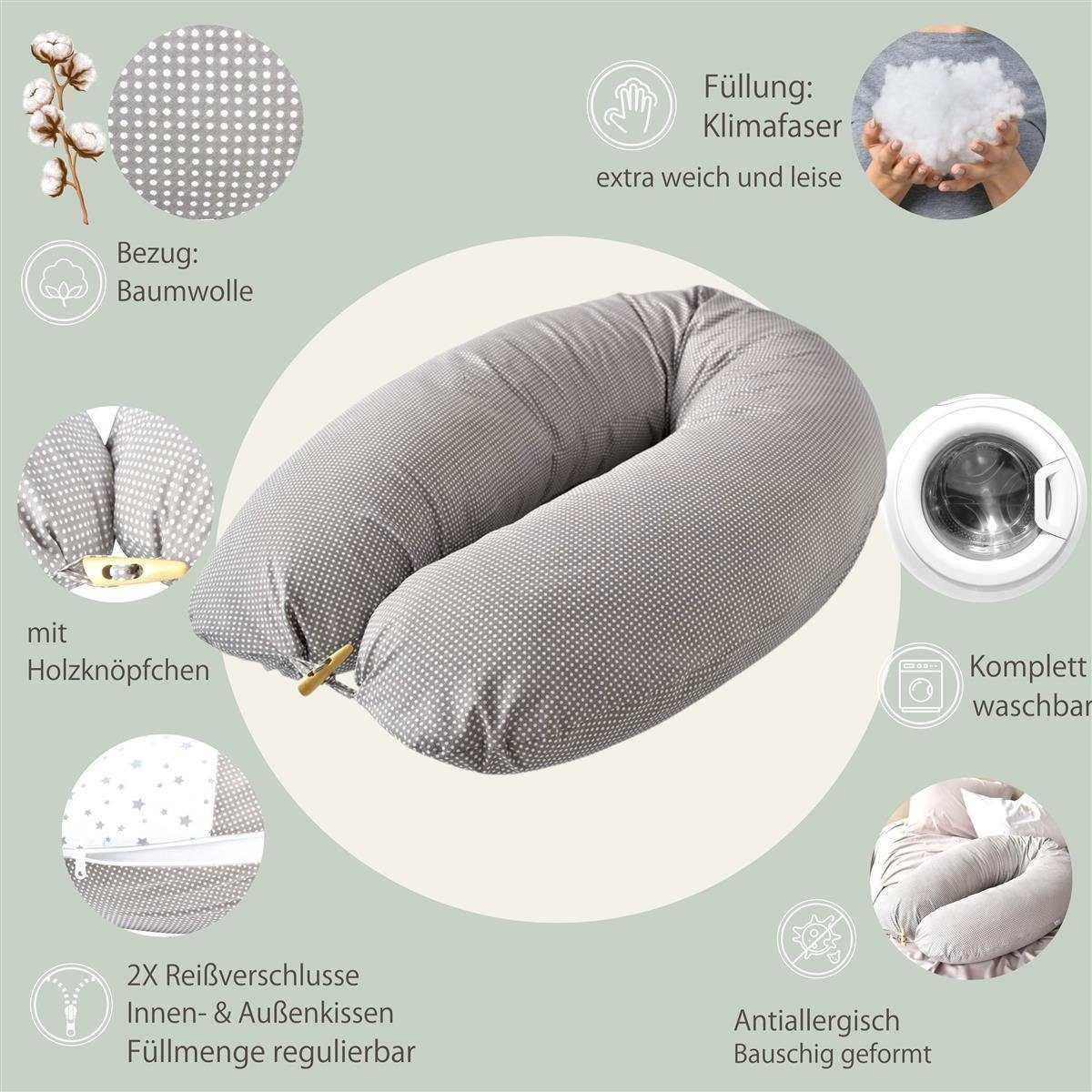 SEI Design Stillkissen Seitenschläferkissen Babynestchen Kuschelnest XXL, Schwangerschaftskissen mit Bezug, Bezug 100% Baumwolle