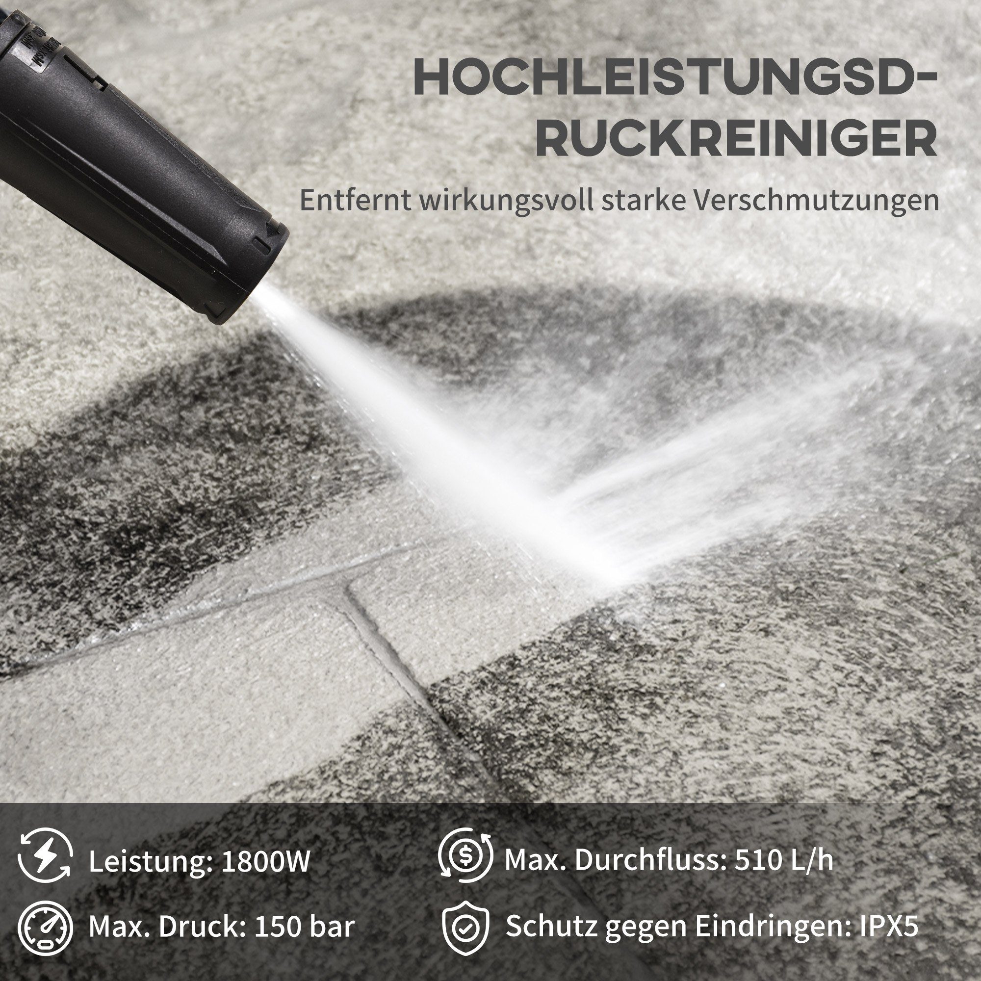 Durhand Hochdruckreiniger, Druck max: 150 bar, 1800 W, Fördermenge max: 510 l/h, (Set, 8 tlg., mit 6 m Hochdruckschlauch), inkl. 5-tlg. Zubehör