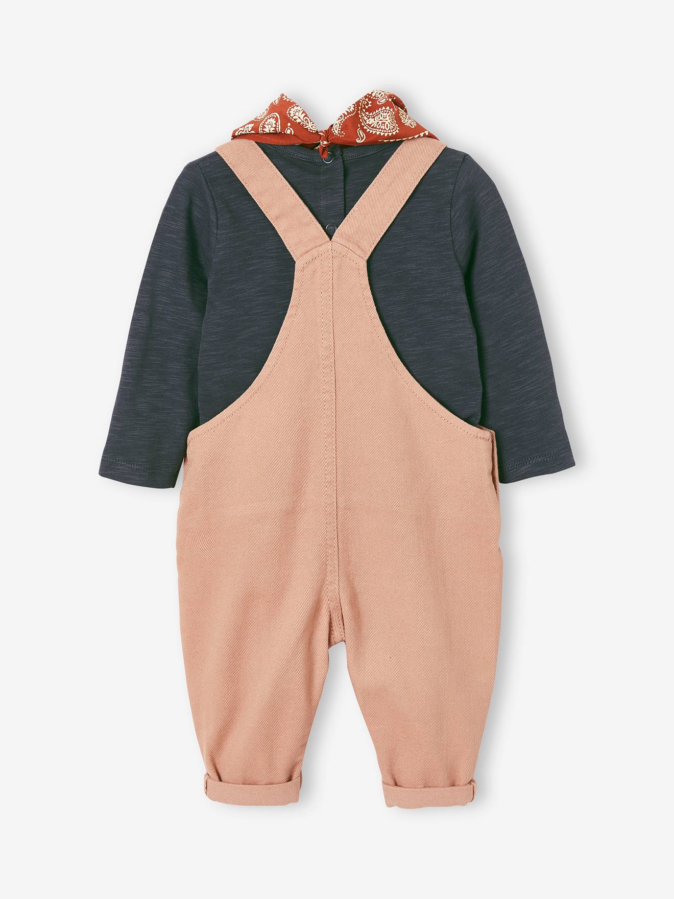 Ensemble salopette, T-shirt et bandana bébé beige
