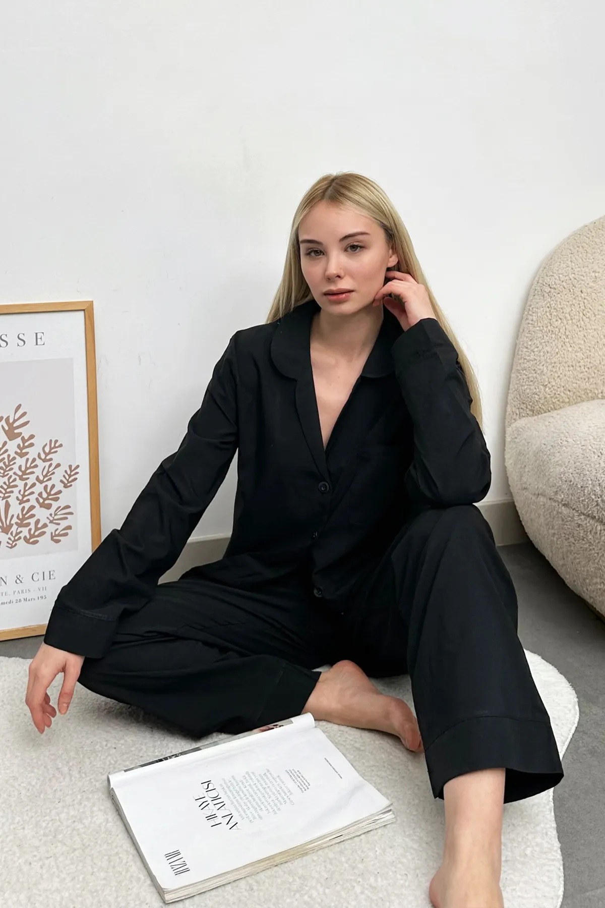 Trend Alaçatı Stili  Schwarzes, gewebtes Pyjama-Set mit einer Tasche für Damen Alc-X11661