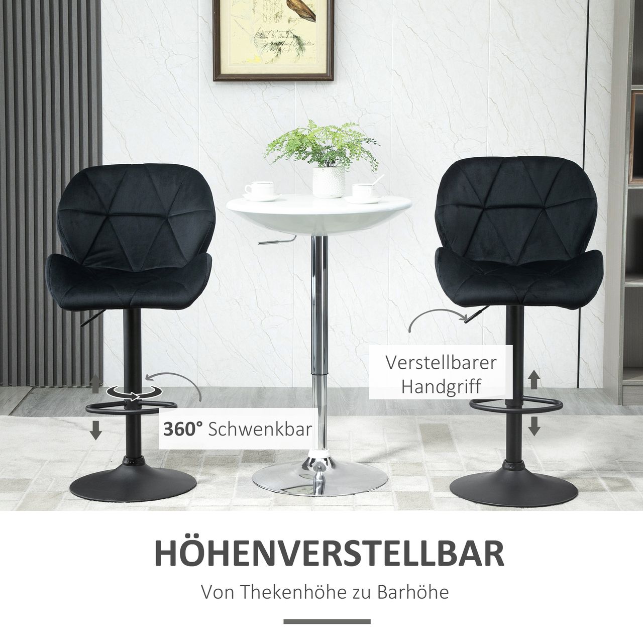 HOMCOM 2er-Set Barhocker drehbare Barstühle mit Lehne höhenverstellbarer Bistrohocker Tresenhocker Samt Touch armloser Schaumstoff Schwarz 51,5x 57,5 x 93-114,5 cm