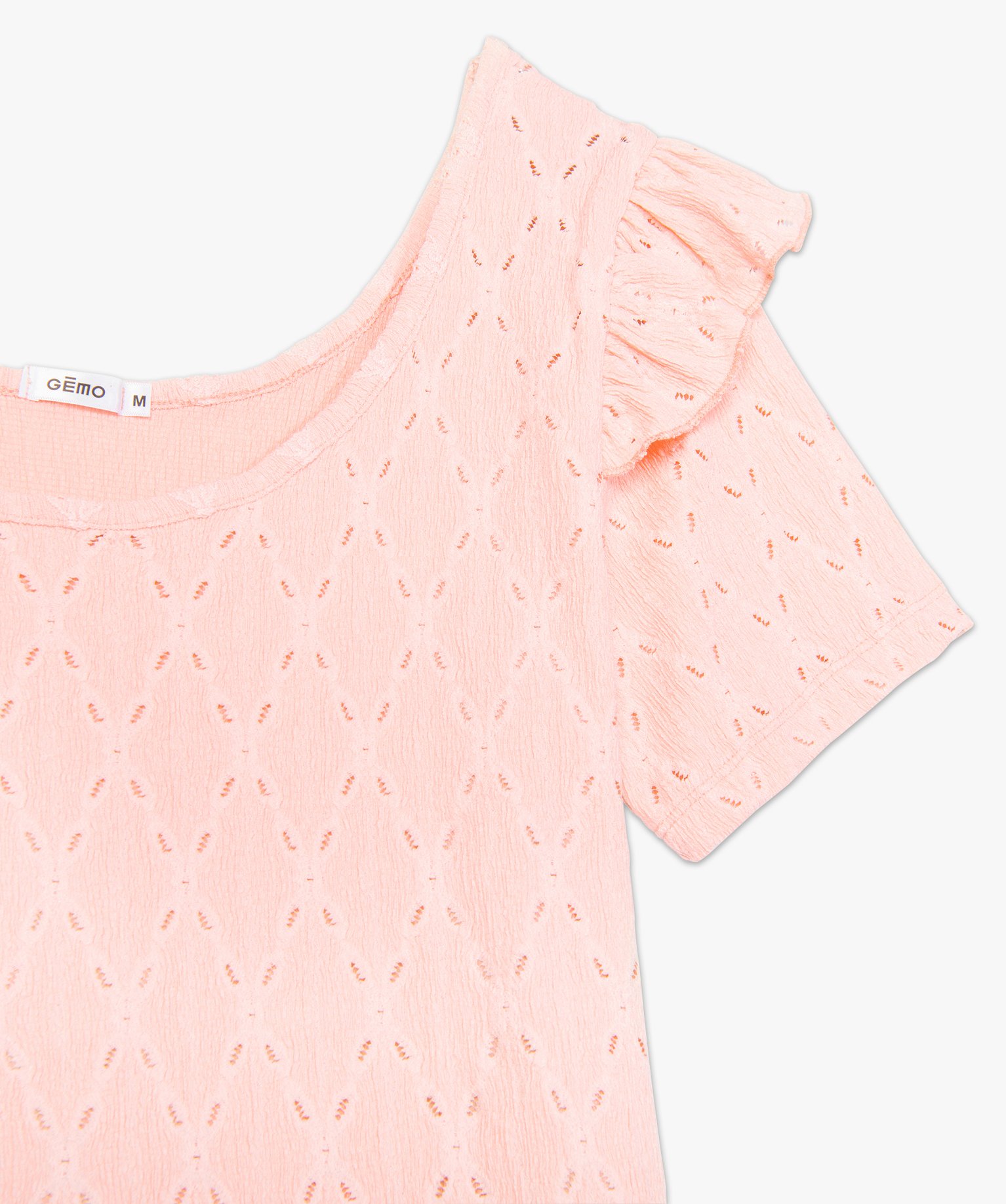 Tee-shirt femme en crêpe ajouré et volant rose | GEMO