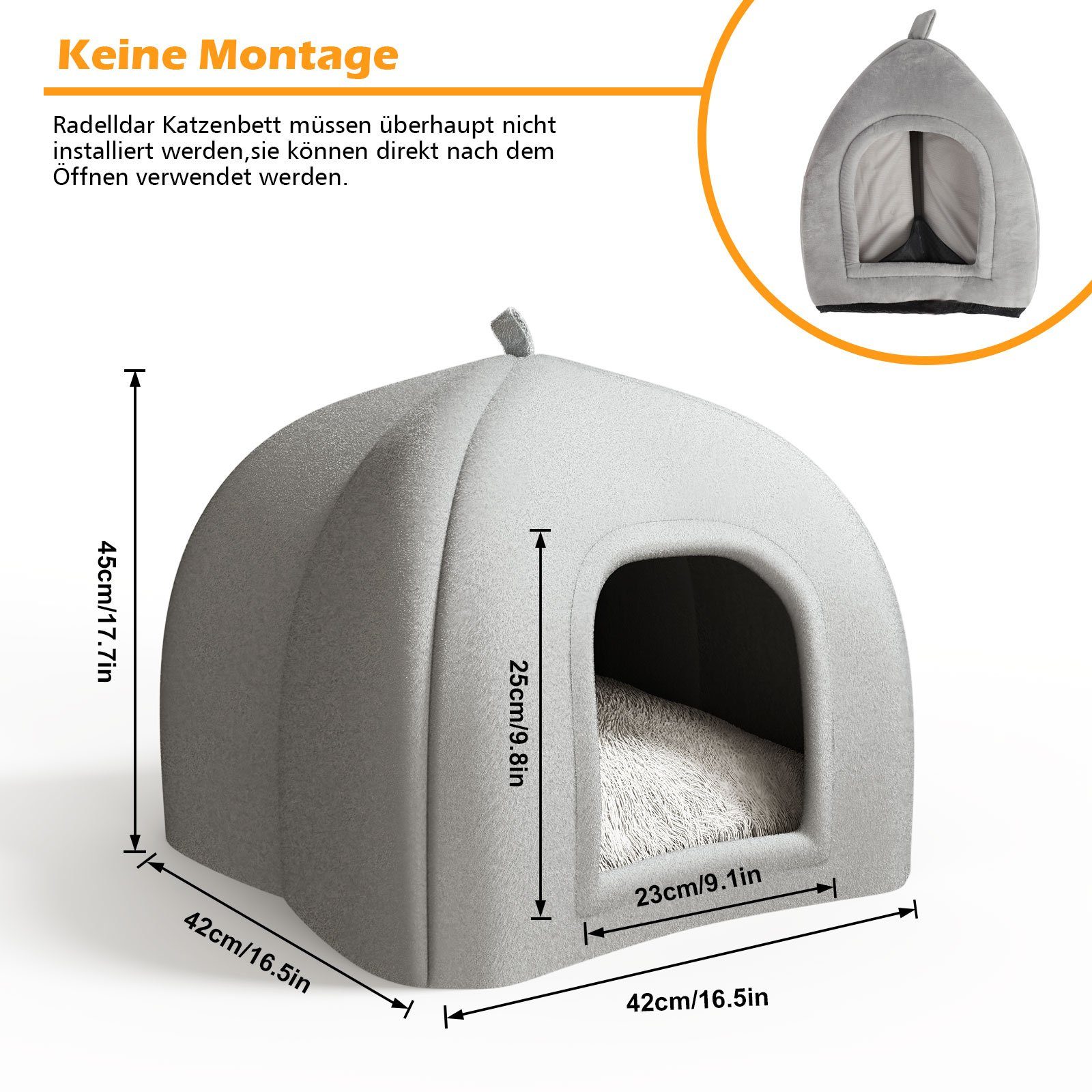 radelldar Tierbett Katzenhöhle Katzenbett flauschig Samt mit Katzenkissen 42x42x45cm, samt, Katzenhaus waschbar klappbar mit Handle