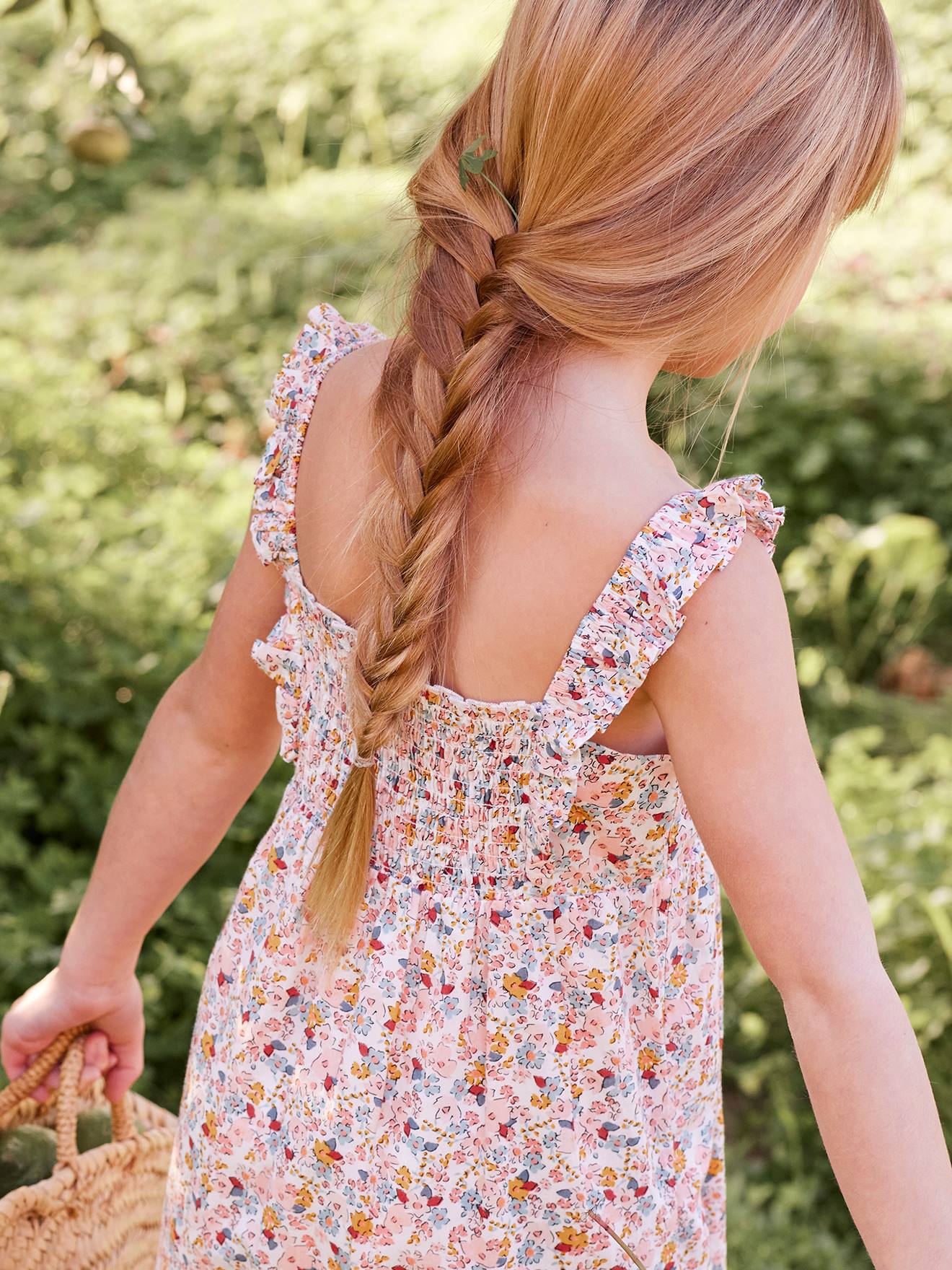 Robe à bretelle volantées fille ecru imprimé fleurs bleues