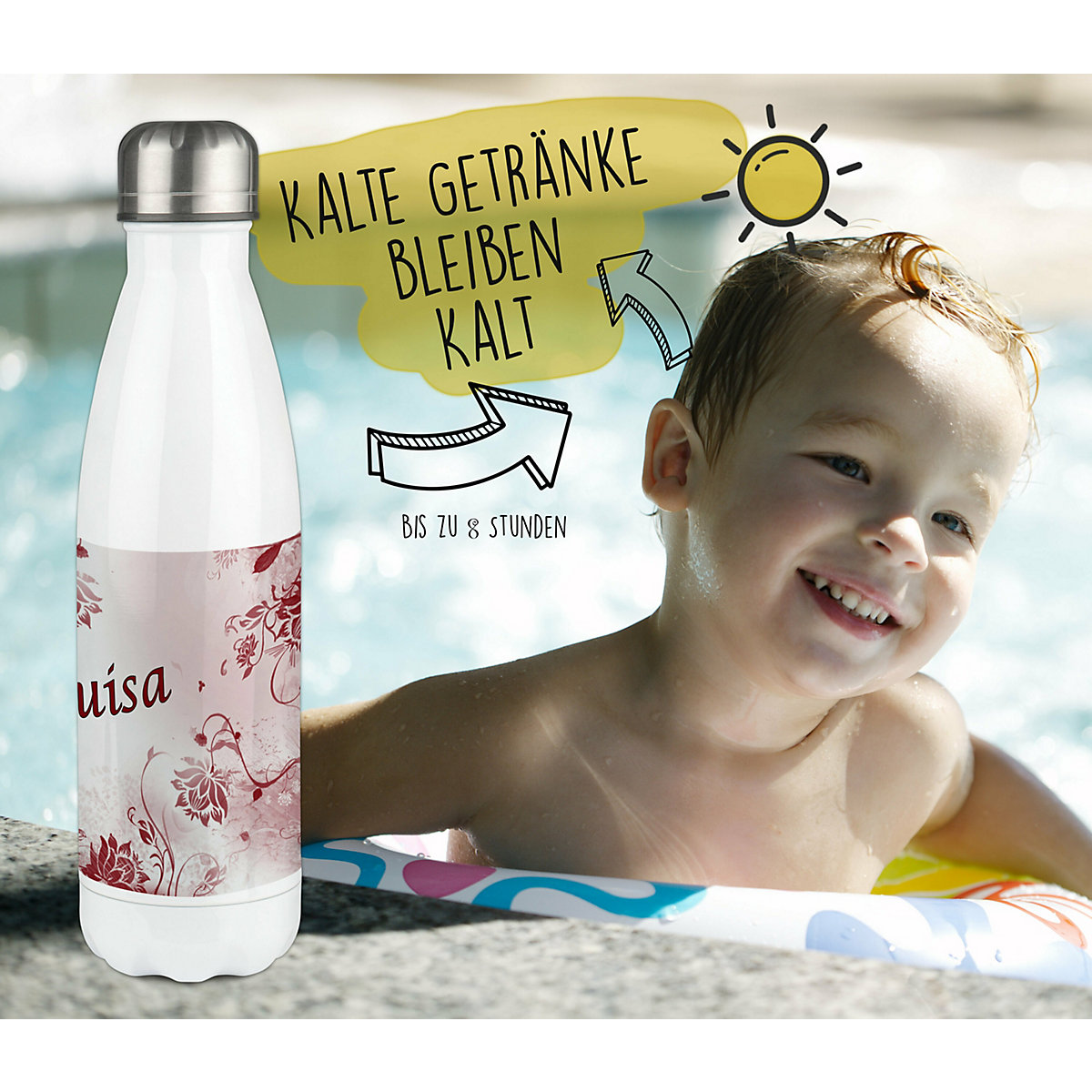 Edelstahl Kinder Thermoflasche / Trinkflasche bunt Blumenranke Farbe rot Spülmaschinenfest, Auslaufsicher, Bruchfest, Doppelwandig, Für Heißgetränke geeignet, Mit Deckel, Isoliert