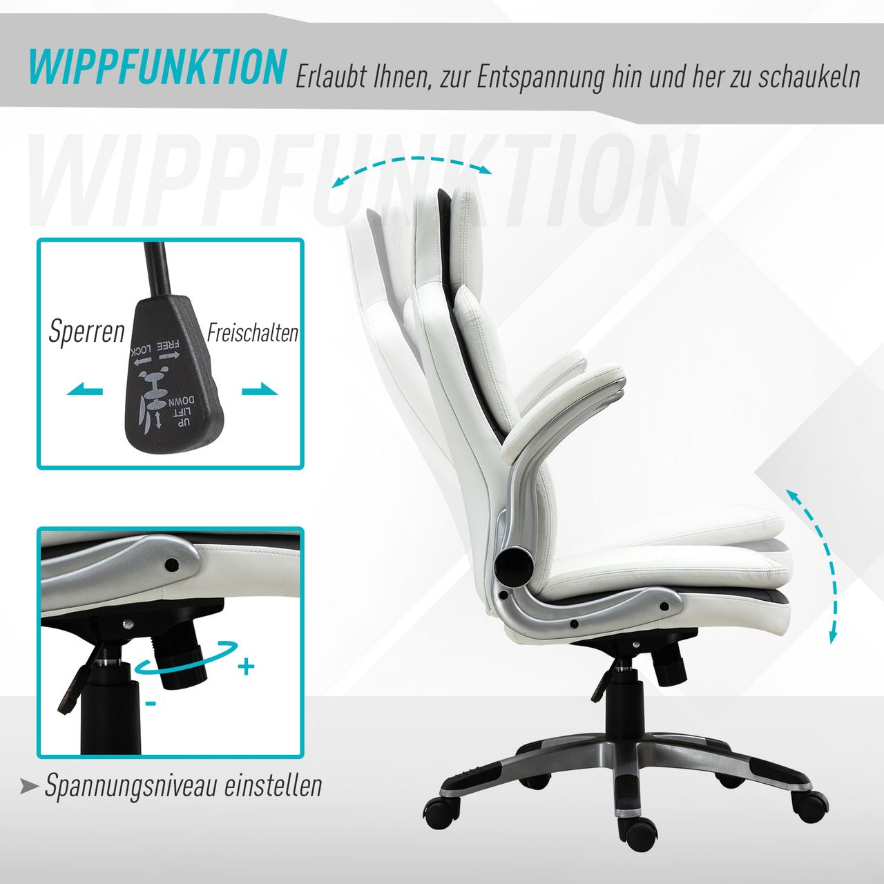 Vinsetto Ergonomischer Bürostuhl mit klappbare Armlehnen, Höhenverstellbarer Schreibtischstuhl mit Wippfunktion, Drehstuhl, PU, 69 x 67 x 113-121 cm