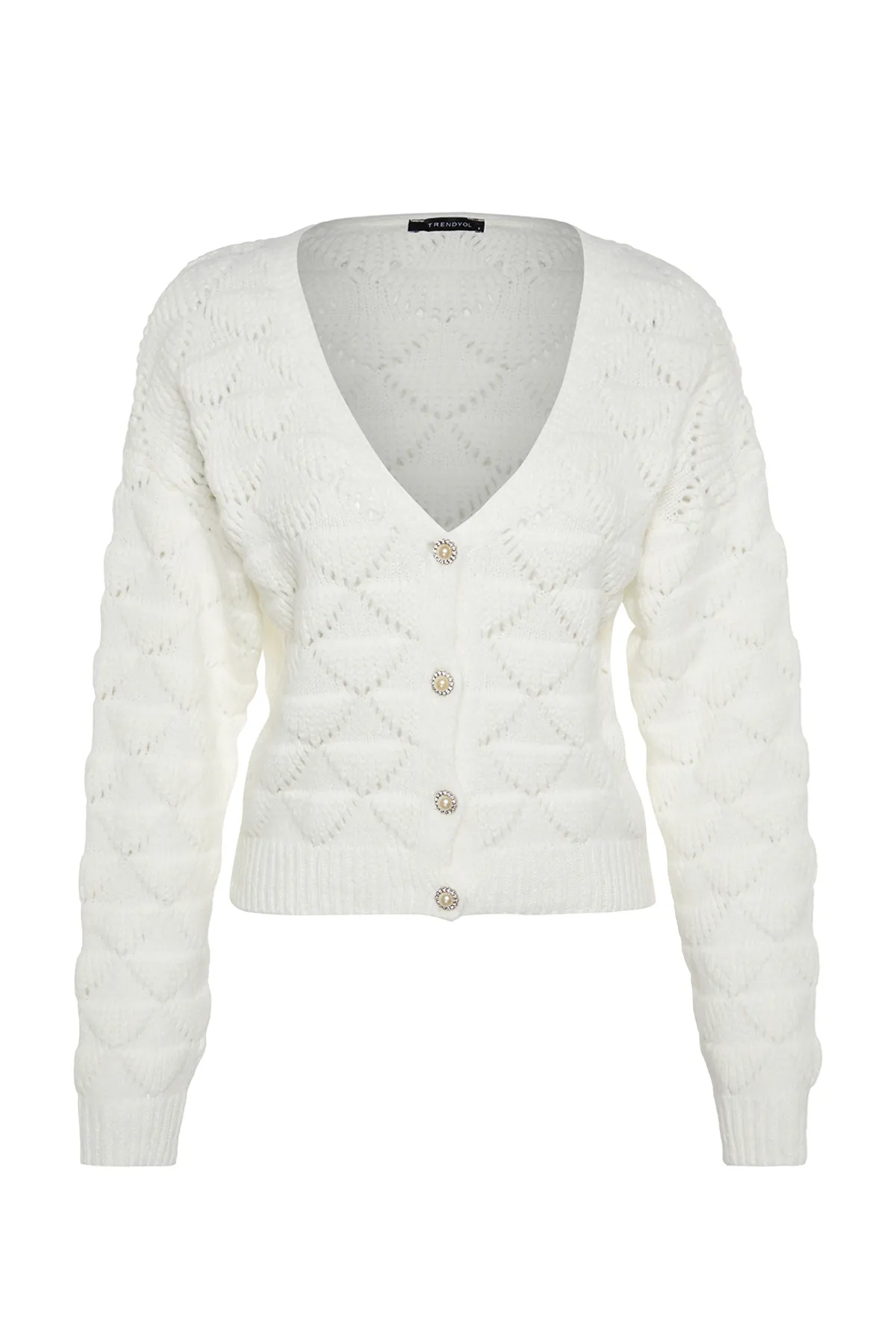 Trendyol Collection  Ecrufarbene Strickjacke mit Lochmuster TWOAW24HI00311