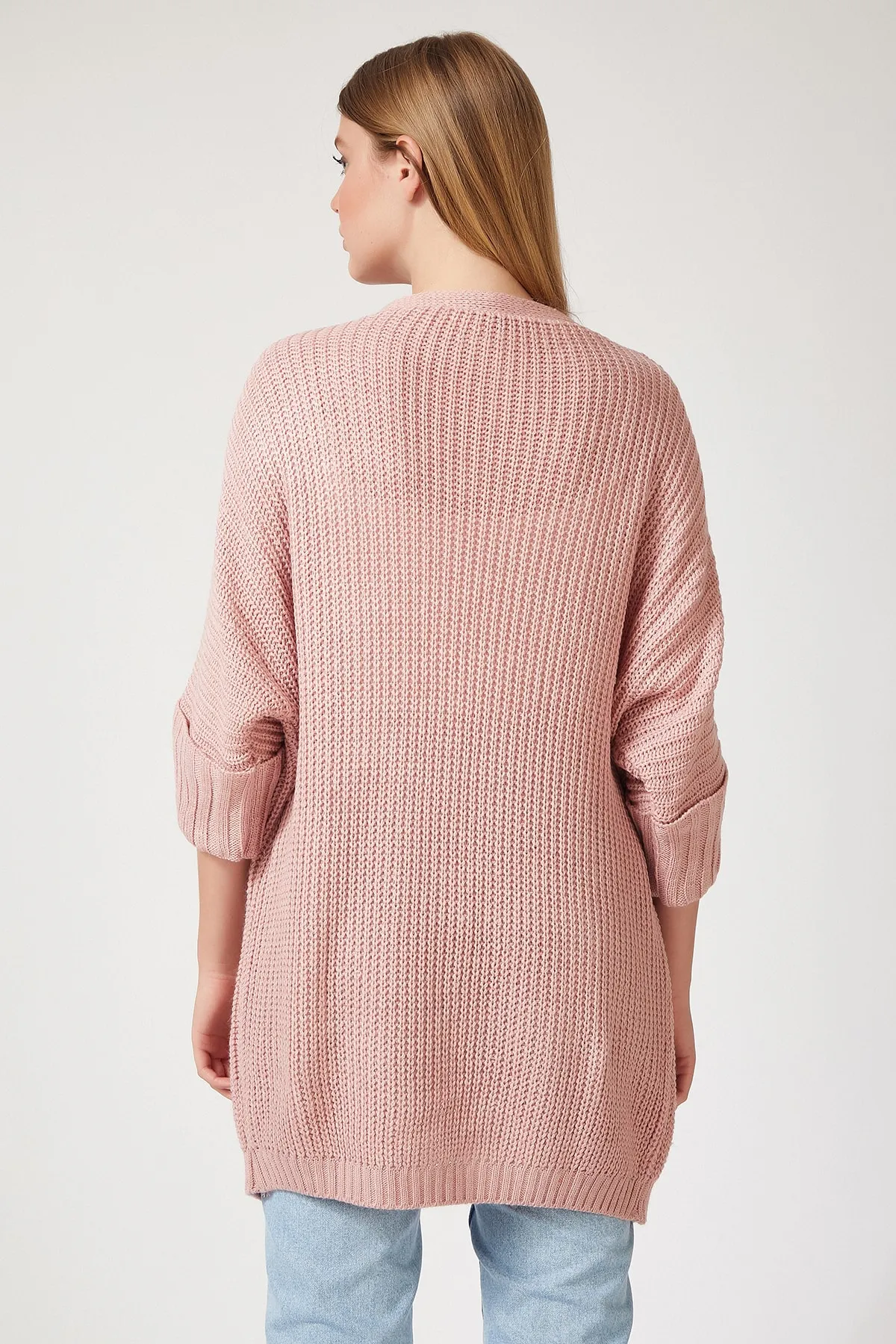 Happiness İstanbul  Rosafarbene Oversize-Strickjacke mit langen Taschen für Damen AS00003