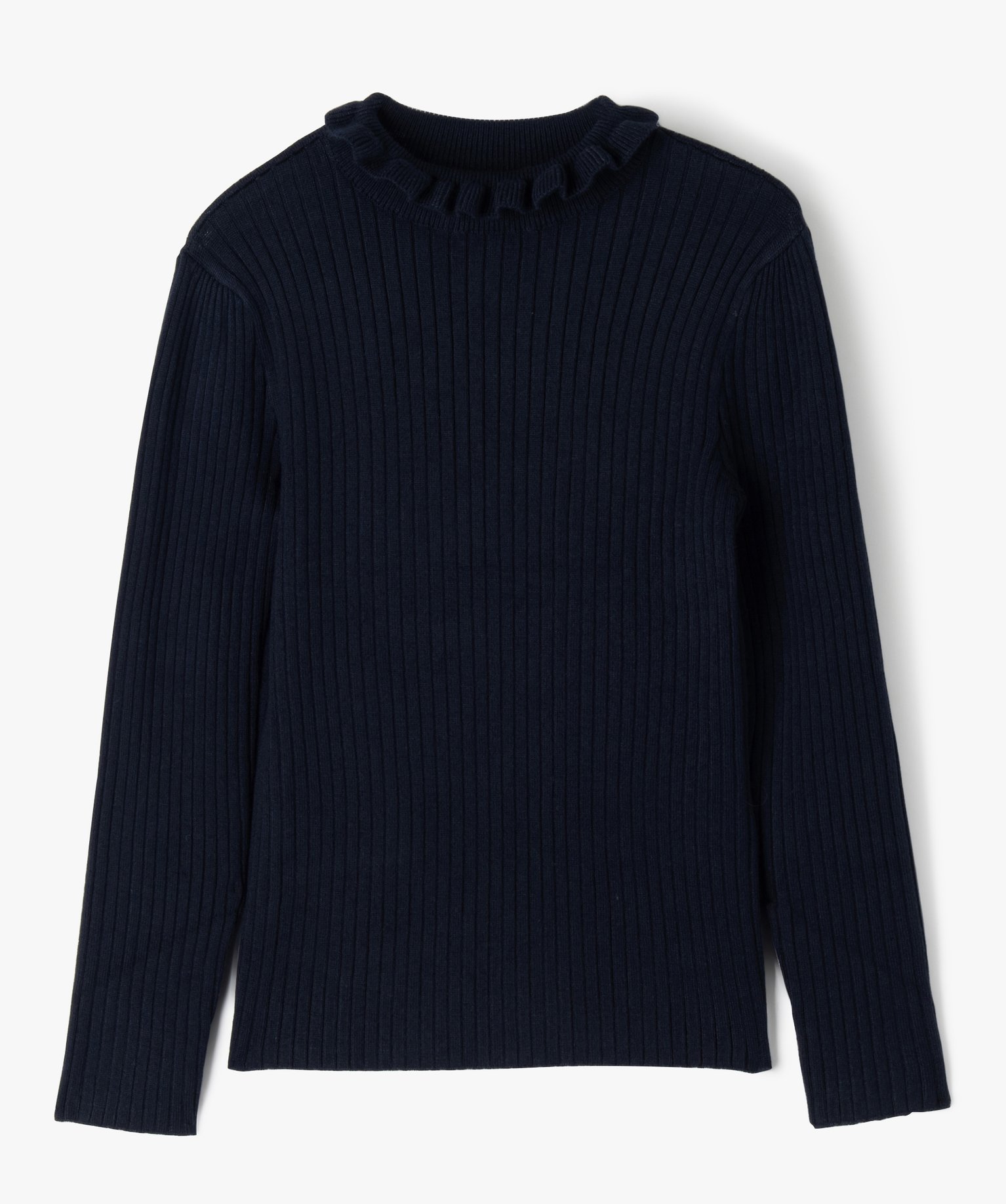 Pull en maille ctelée avec col montant froncé fille marine | GEMO