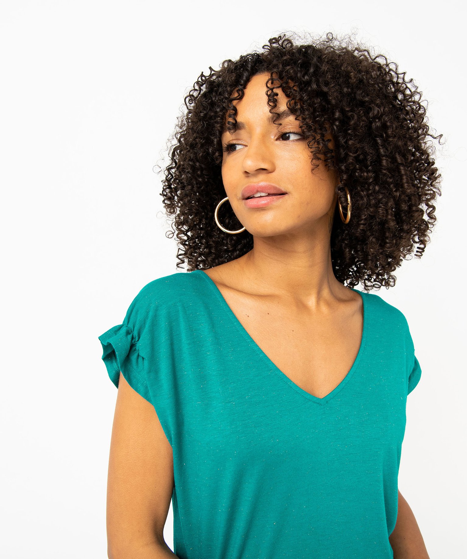Tee-shirt femme à manches courtes froncées et col V bleu | GEMO