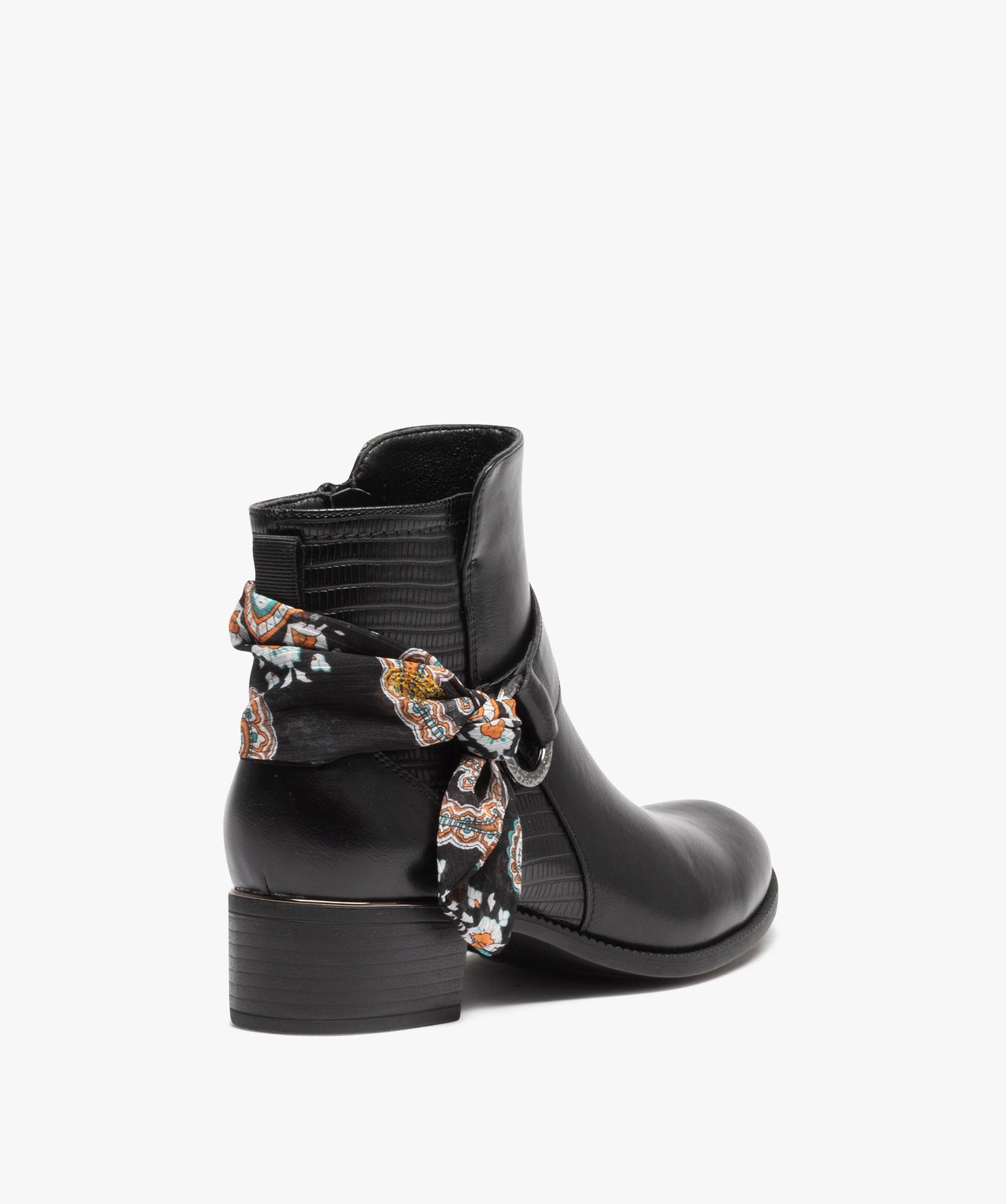Boots femme unies à petit talon avec bride foulard noir | GEMO