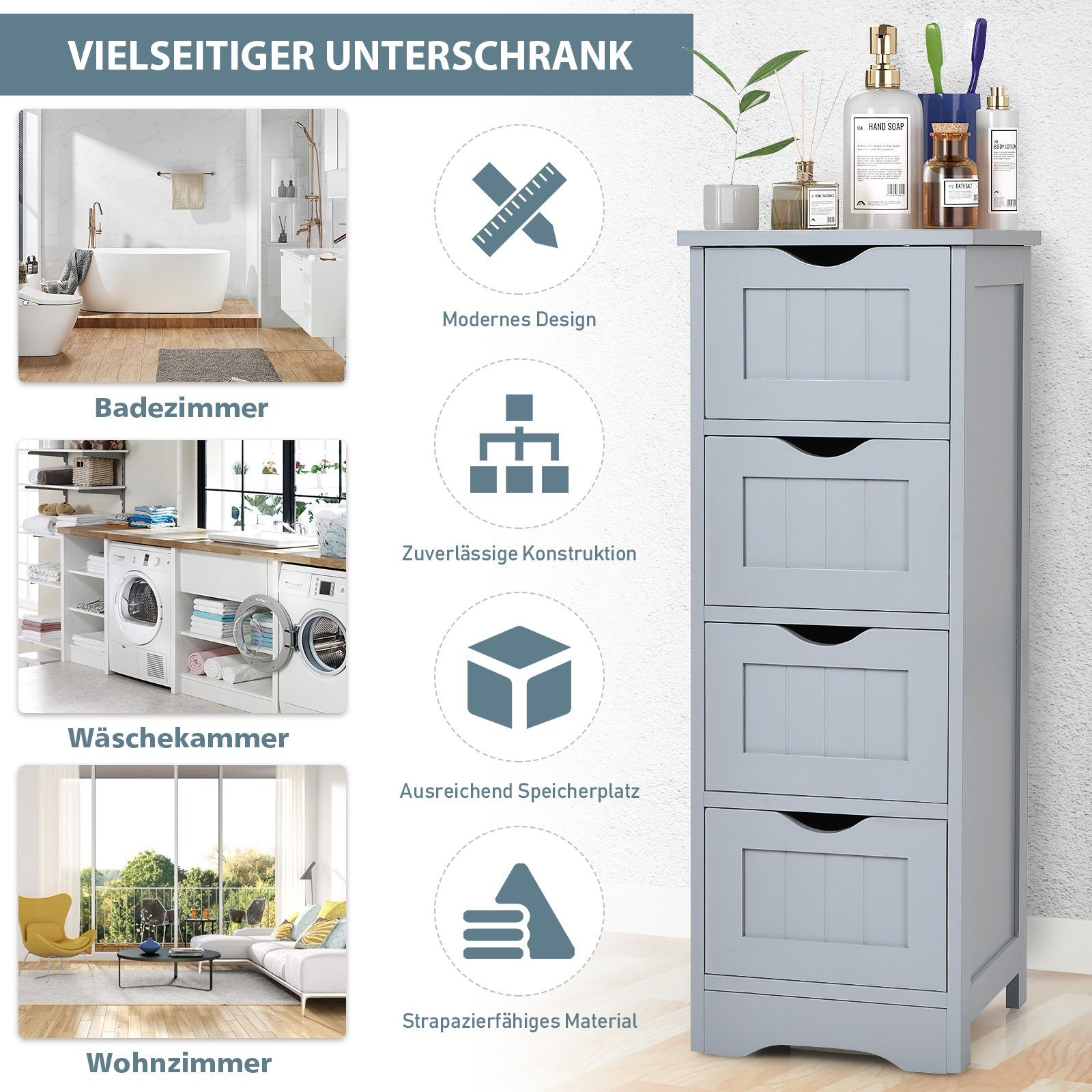 COSTWAY Badkommode Badezimmerschrank, mit 4 Schubladen, 82cm, Kippsicherung
