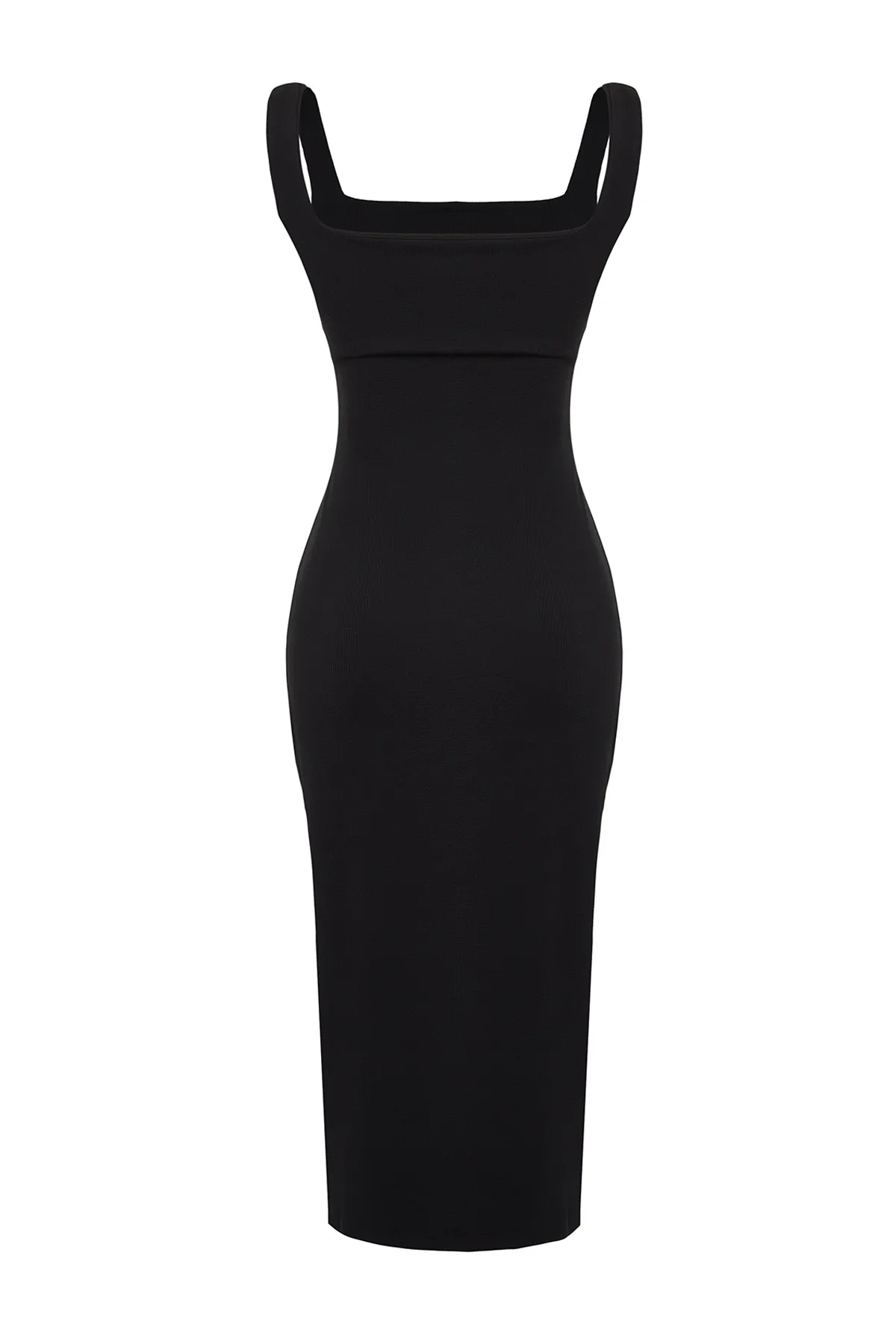 Trendyol Collection  Schwarzes, tailliertes, flexibles Midi-Bleistiftkleid aus Strick mit quadratischem Ausschnitt und Trägern TWOSS24EL00181