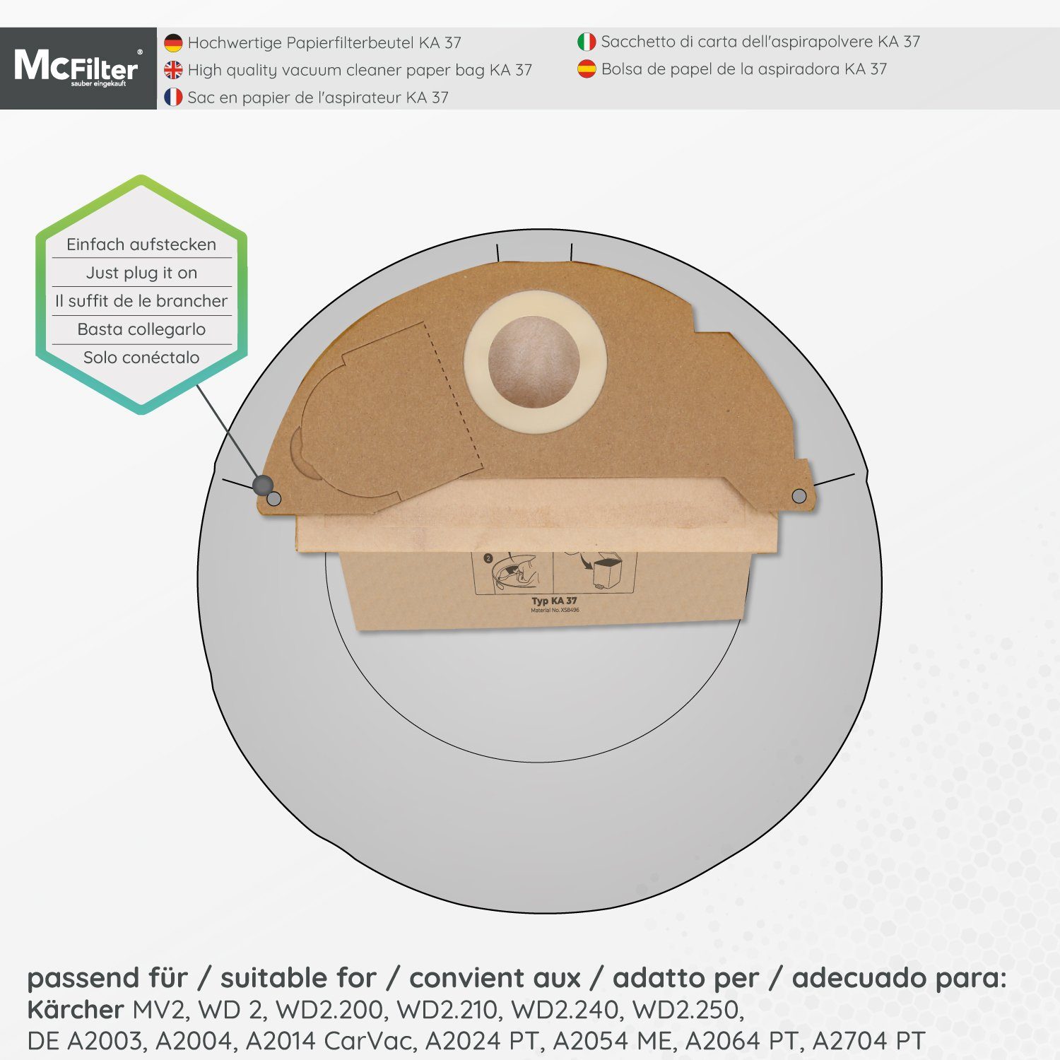 McFilter Staubsaugerbeutel (10 Stück) geeignet für Kärcher 6.904-322.0 Staubsauger, passend für MV2 WD2 A2003 A2004 WD2.200 WD2.210 WD2.240 WD2.250 und weitere Modelle, 10 St., Hohe Reißfestigkeit, Formstabile Deckscheibe, 2-lagig