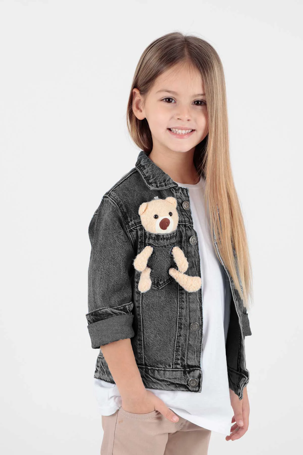 AHENGİM  Mädchen-Jeansjacke aus Baumwolle mit Teddybär-Motiv, lässig, modisch, Ak22176023