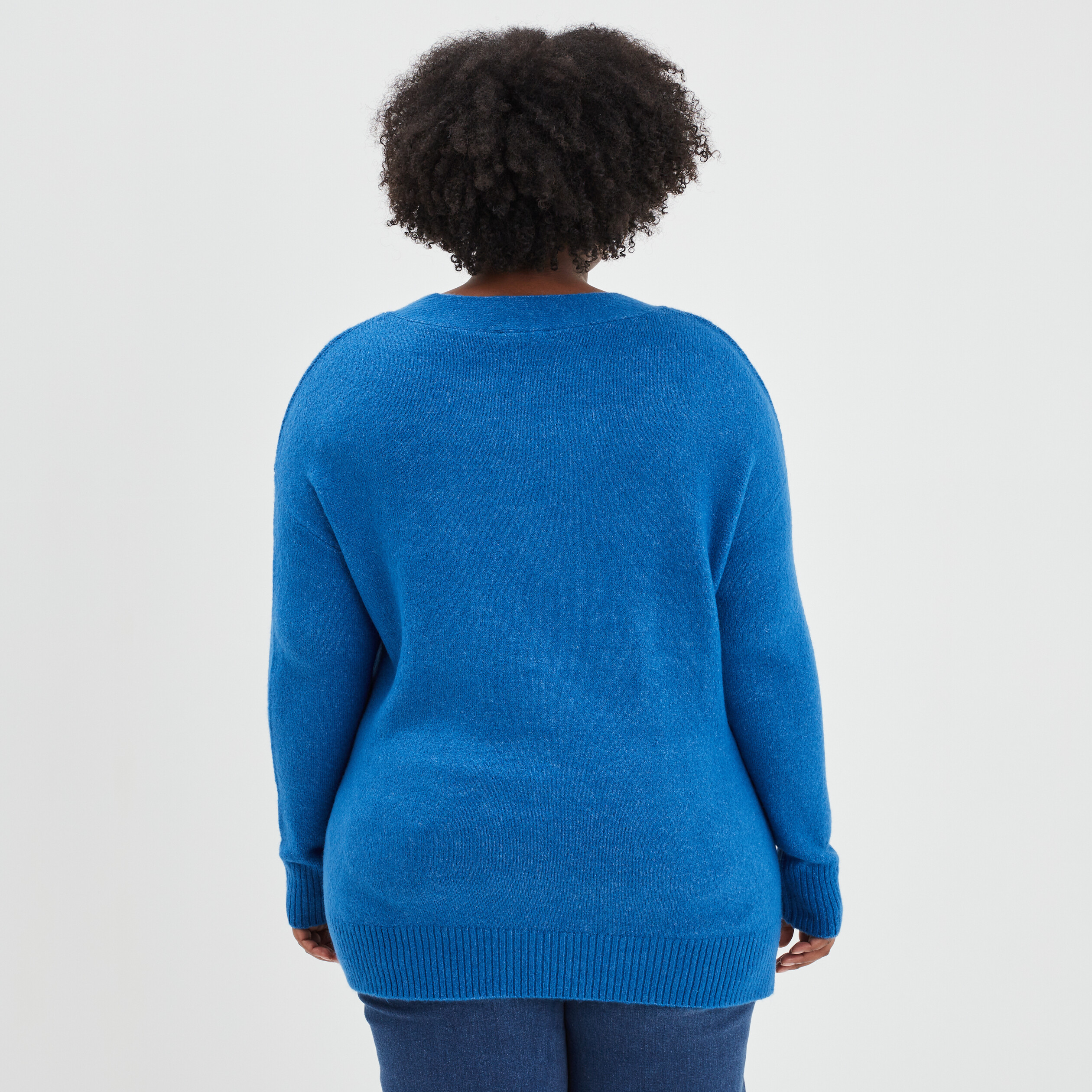 Pull col en V manches longues bleu femme grande taille | La Halle