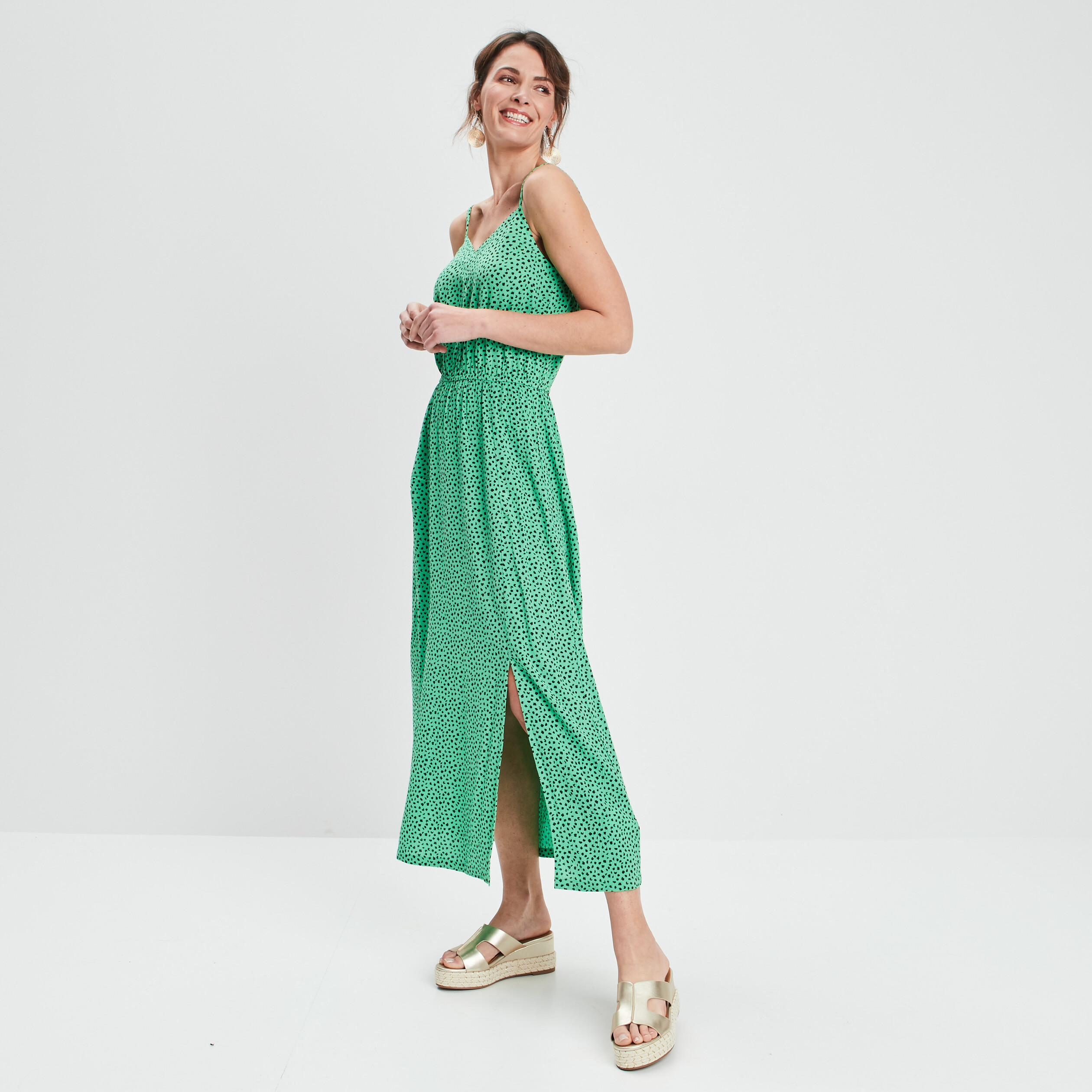 Robe longue droite fluide fendue vert femme | La Halle