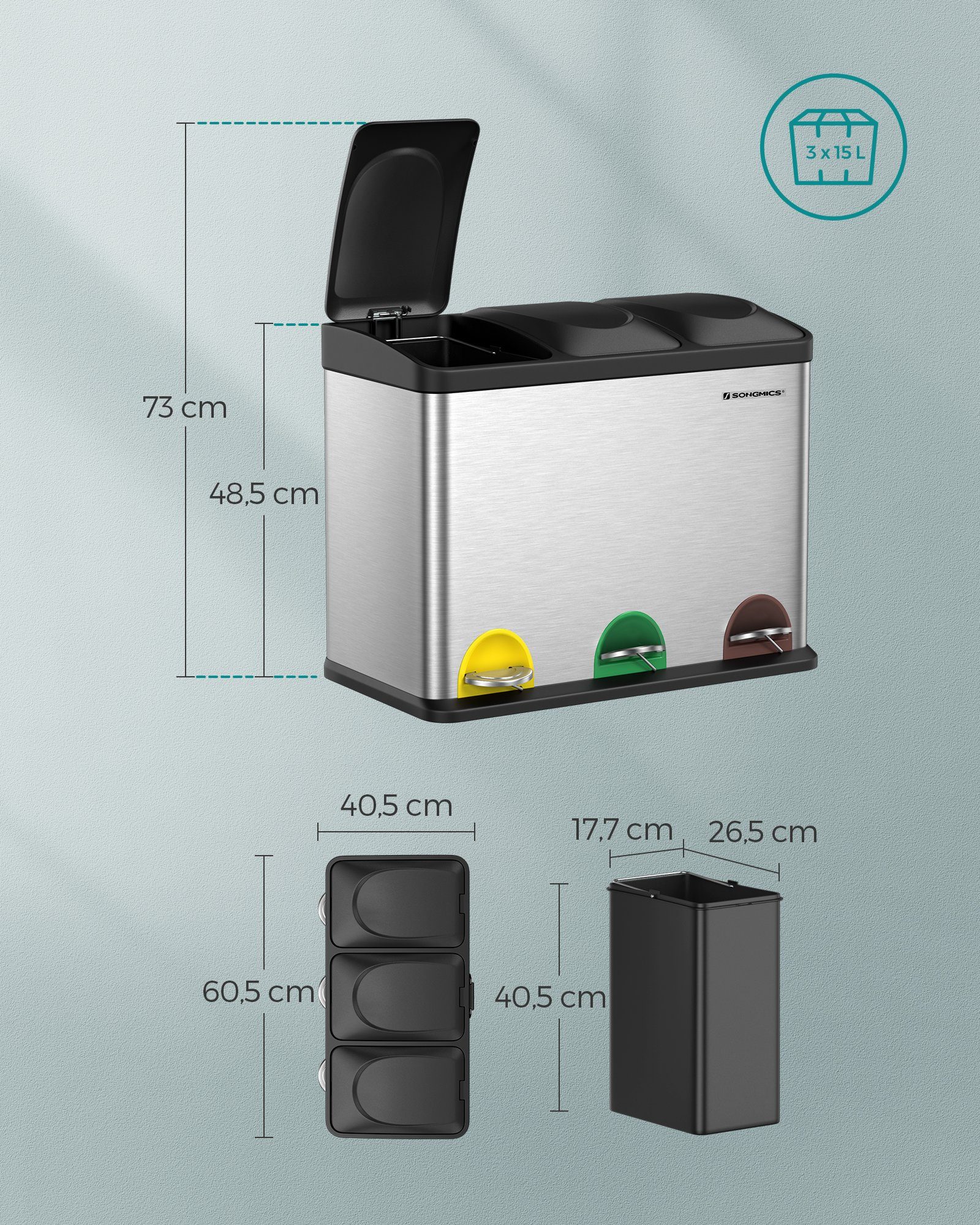 SONGMICS Mülleimer Mülltrennsystem, Abfalleimer, Edelstahl, 45 L