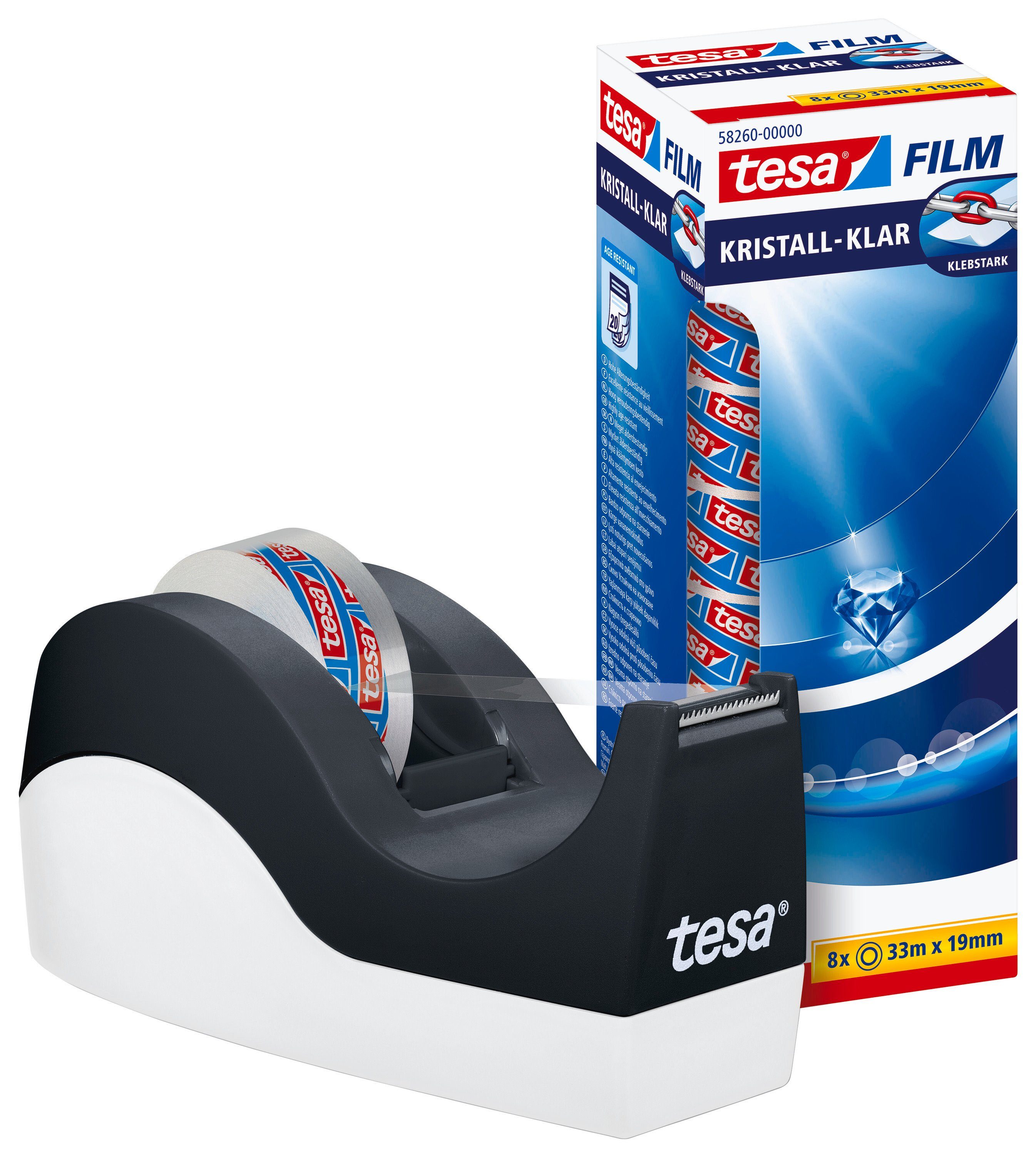tesa Klebeband EASY CUT ORCA Abroller mit tesafilm (Kombi-Set, 1-St) Klebefilmabroller inkl. 8 Rollen tesafilm kristall-klar - schwarz-weiß