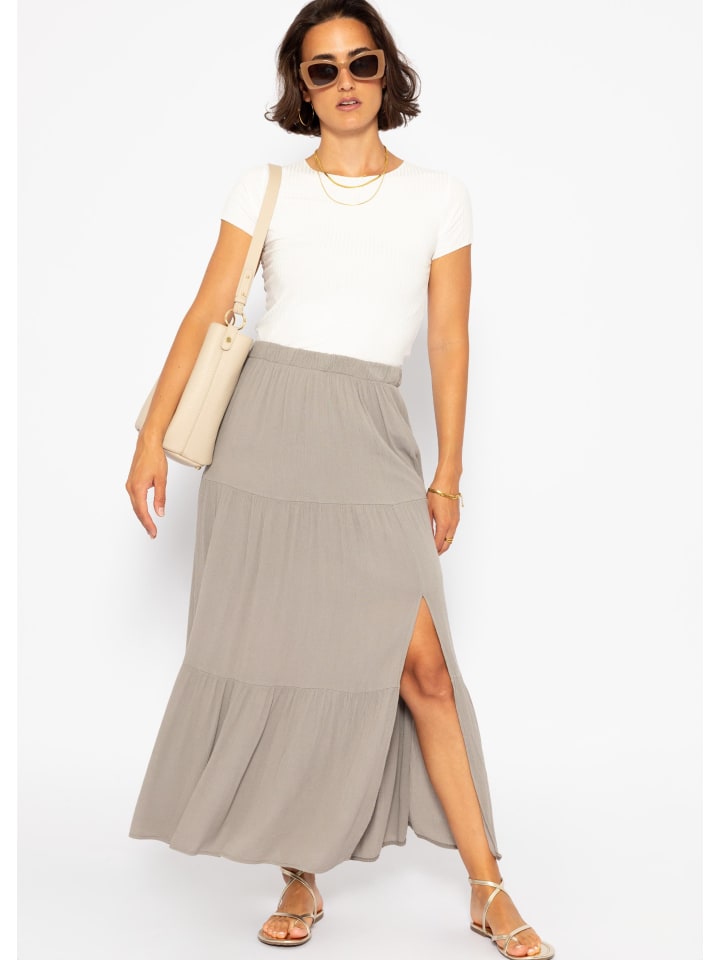SASSYCLASSY Maxi Volantsrock in Crinkle-Optik in Taupe günstig kaufen