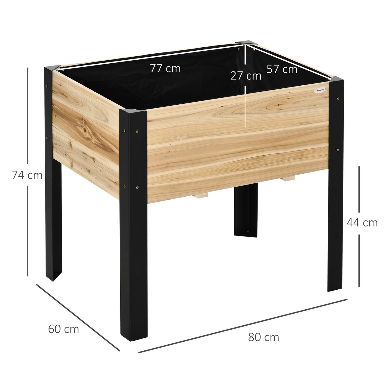 Outsunny Hochbeet Pflanzkasten Blumenkasten Blumentopf Kräuterbeet mit Vliesstoff Massivholz Stahl Natur Schwarz 80 x 60 x 74 cm