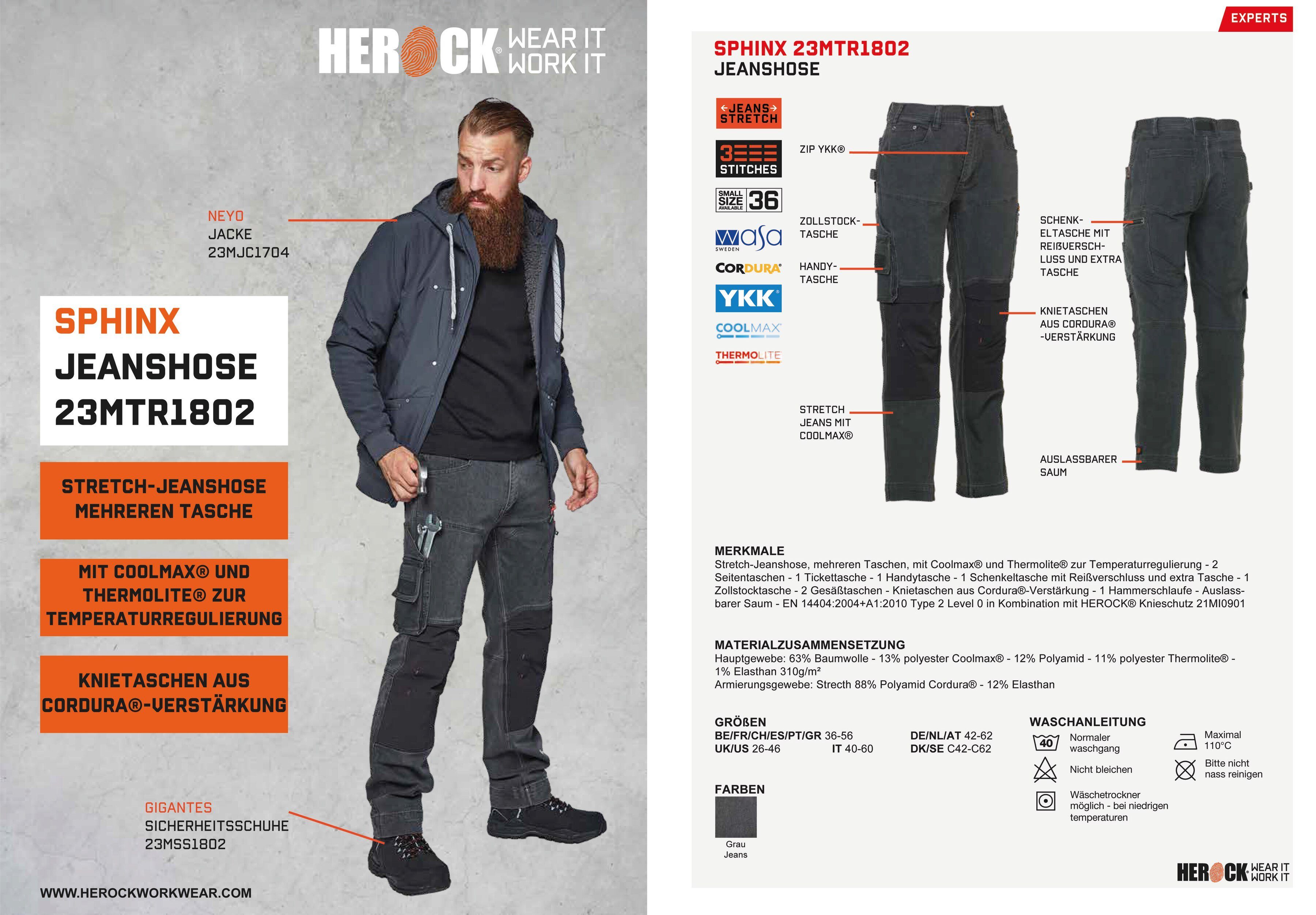 Herock Arbeitshose Sphinx Hoses Stretch-Jeanshose, mehreren Taschen, mit Coolmax® und Thermolite®