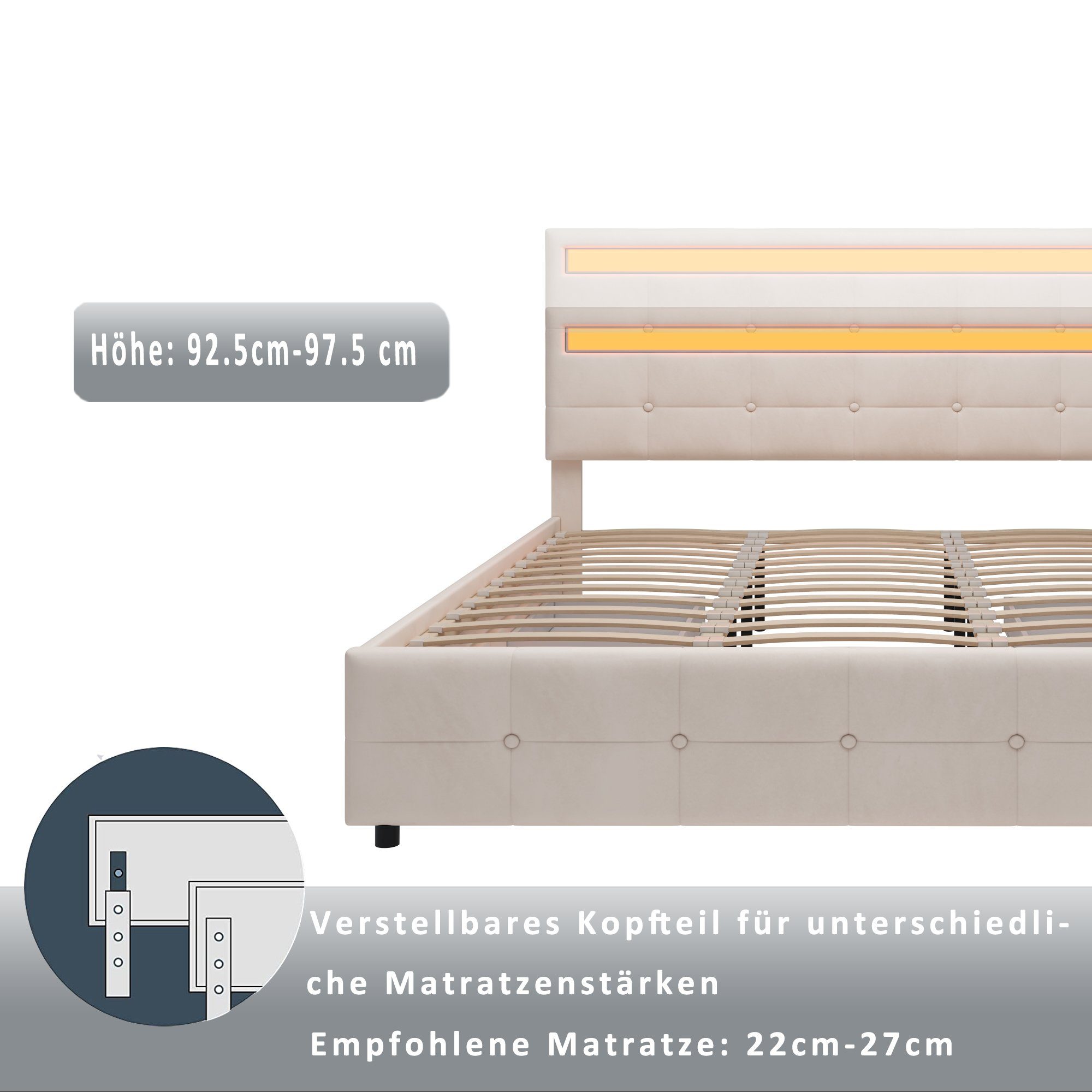 HAUSS SPLOE Polsterbett Polsterbett Doppelbett Funktionsbett Bettrahmen mit Schubladen (180 x 200 cm, Lattenrost und Rückenlehne, Matratze nicht enthaltet), Ohne Matratze