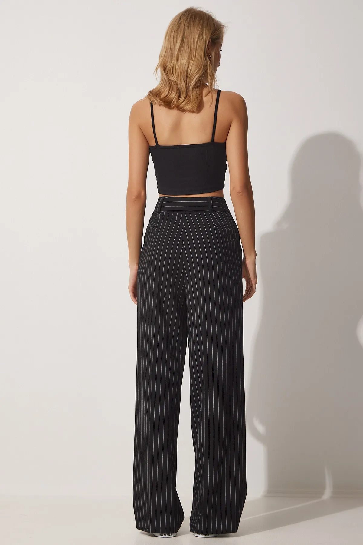 Happiness İstanbul  Schwarze, dünne, gestreifte, lockere, bequeme Webhose für Damen HG00002