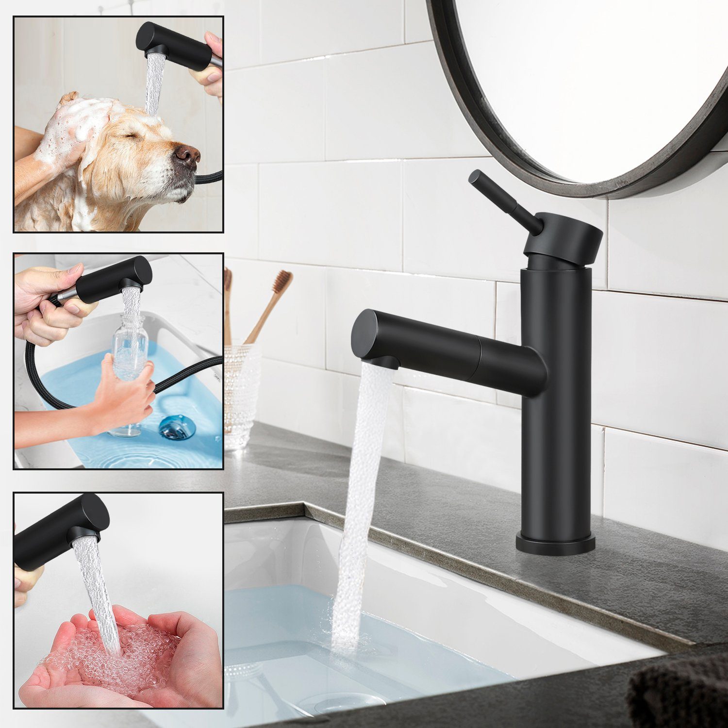 ZMH Waschtischarmatur Wasserhahn bad Ausziehbar brause Mischbatterie Schwarz