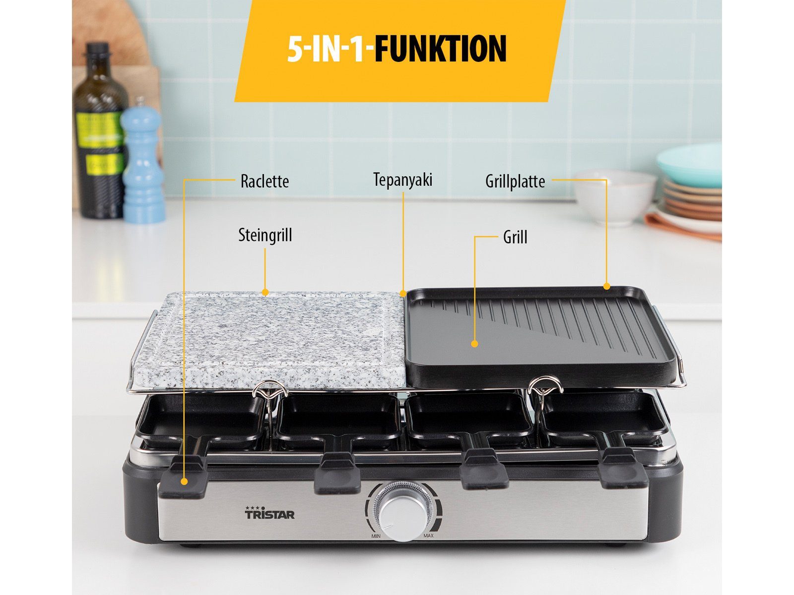 Tristar Raclette, 1400 W, Grill- & Steinplatte 5in1 Gerät Steingrill für 2-8 Personen Tischgrill