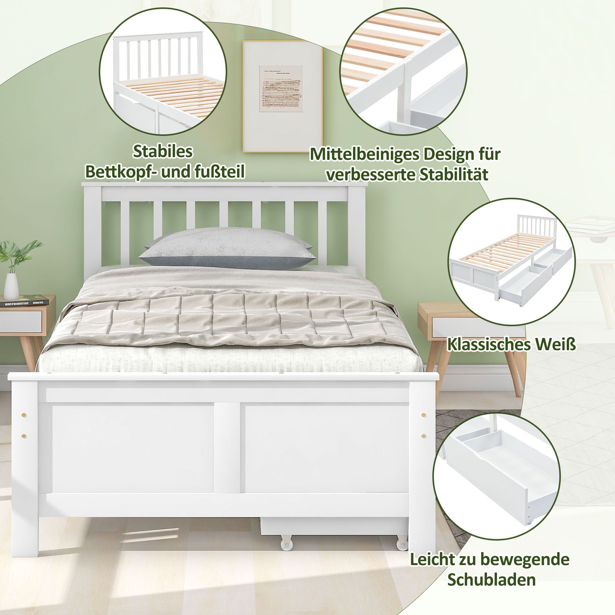 OKWISH Holzbett Bett, Jugendbett, Erwachsenenbett, Kinderbett (Rahmen aus Kiefernholz, weiß 90x200cm, mit Schubladen zur Aufbewahrung), Ohne Matratze