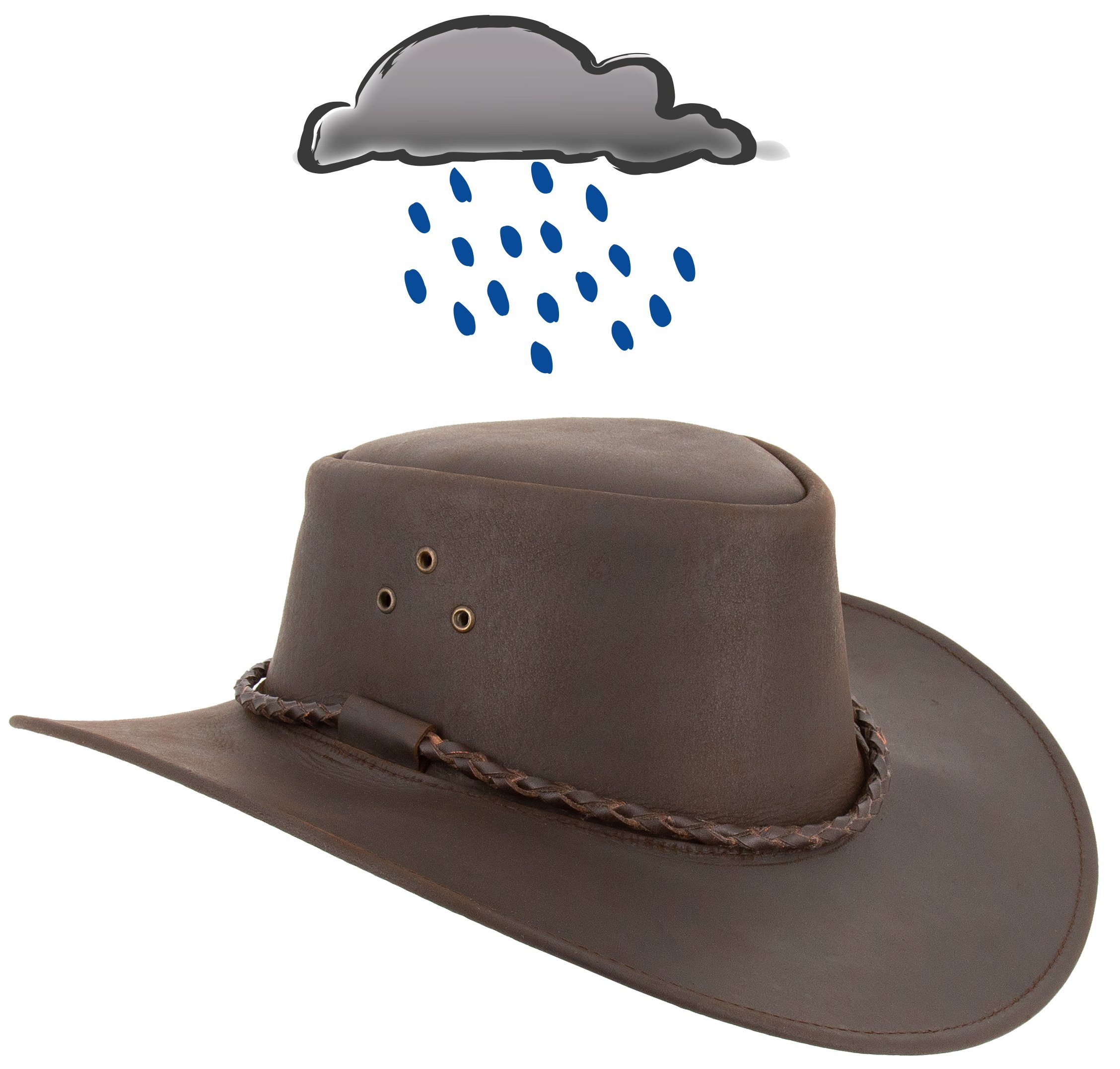 Outbacker Cowboyhut Outdoor Lederhut allwettertauglich mit Kinnband Australien Style Braun