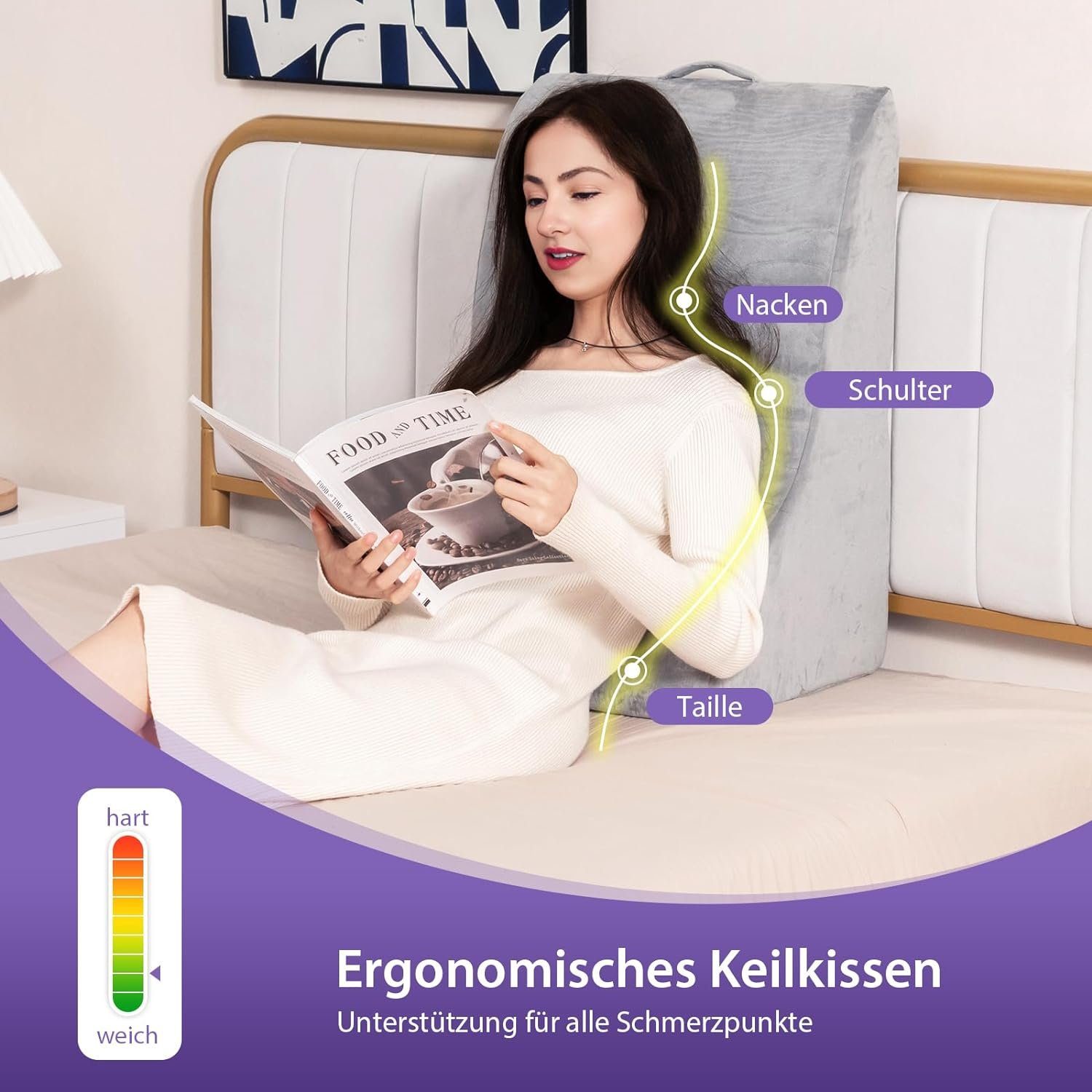 KOMFOTTEU Keilkissen Lesekissen, mit Griff & waschbarem Bezug