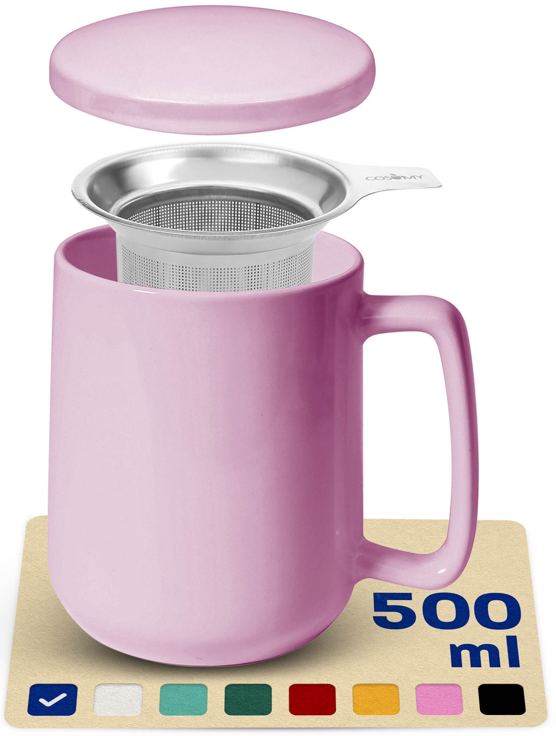 Cosumy Teeglas Teetasse mit Sieb und Deckel 500ml - Jumbotasse, Porzellan, Hält Lange warm - 500 ml XXL Groß - Spülmaschinenfest