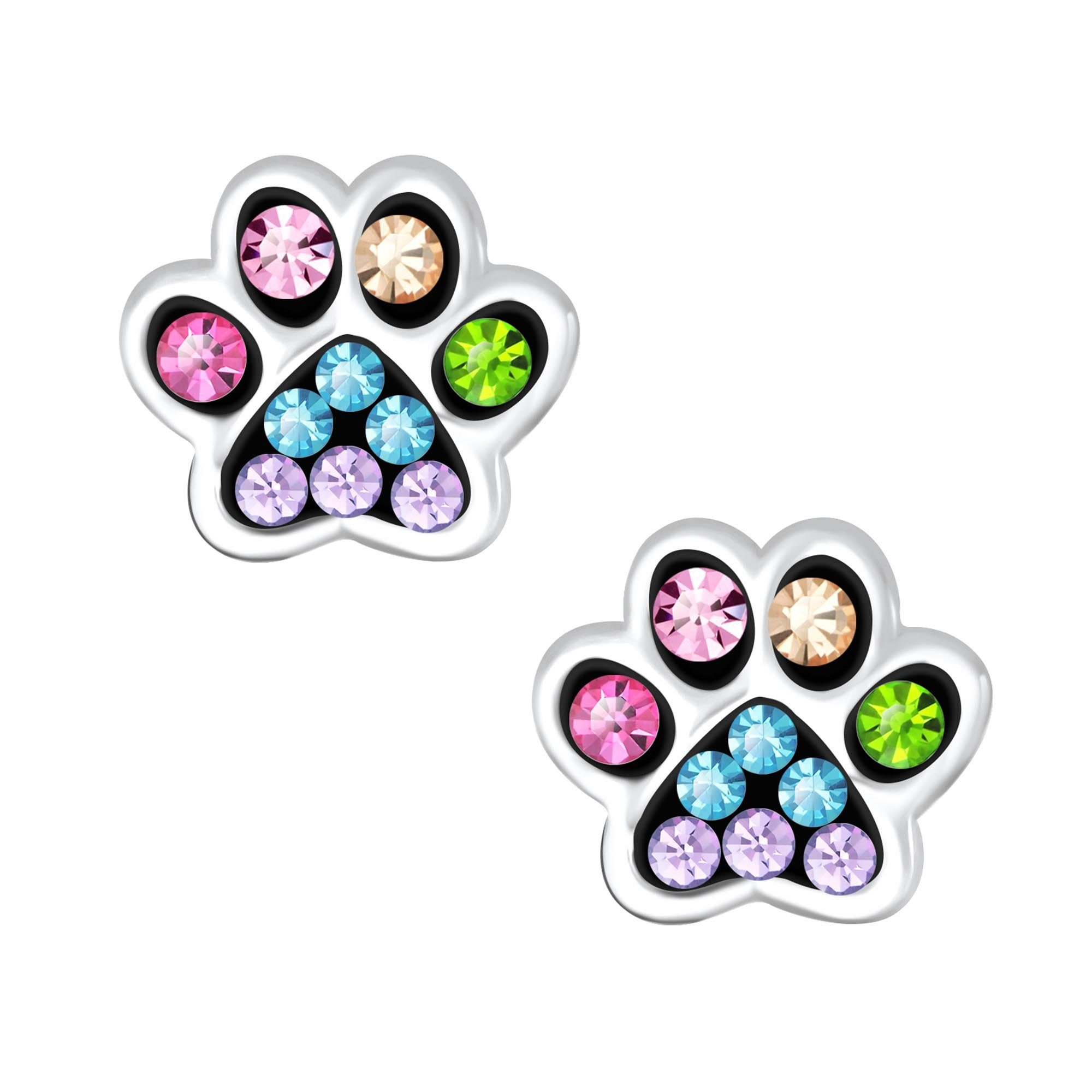 schmuck23 Paar Ohrstecker Kinder Ohrringe Kristall Pfote 925 Silber, Kinderschmuck, Mädchen, Hund, Katze, Tatze