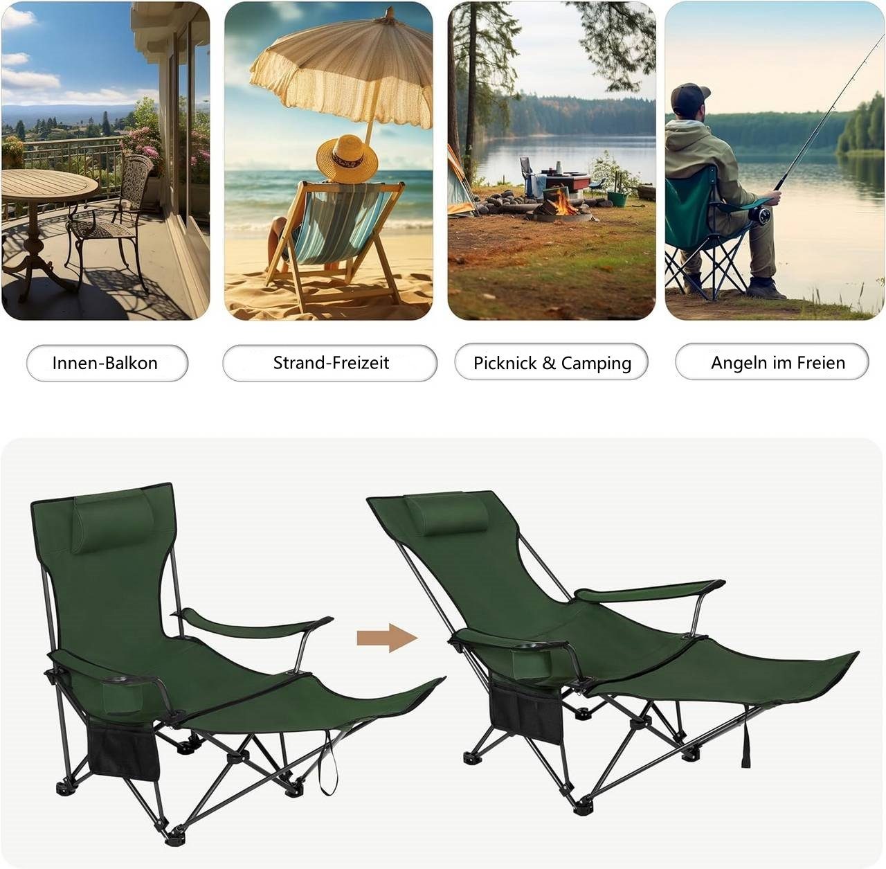 Woltu Campingstuhl (1 St), klappbar für Outdoor mit Armlehnen Getränkehalter