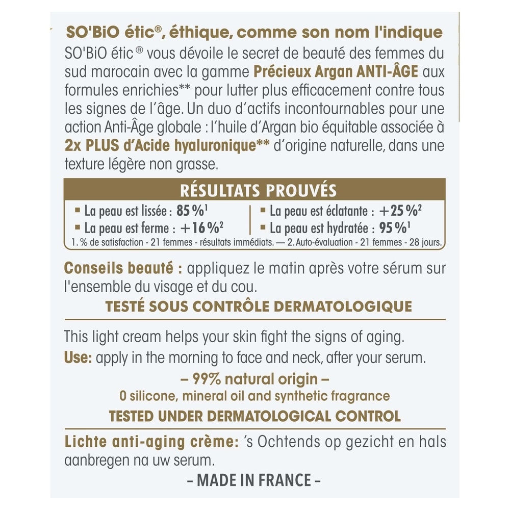LÉA NATURE SO BiO étic Crème légère Anti-Âge jour, Précieux Argan Crème visage