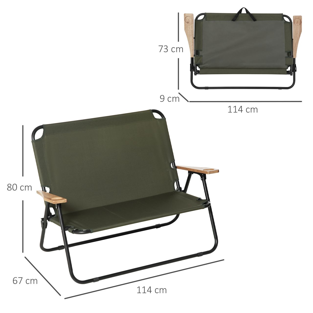 Outsunny Campingstuhl 2-Sitzer klappbar tragbar Gartenstuhl Regiestuhl Klappstuhl mit Getränkehalter für Outdoor Picknick Wandern max. Belastung 160 kg Grün 141 x 67 x 80 cm